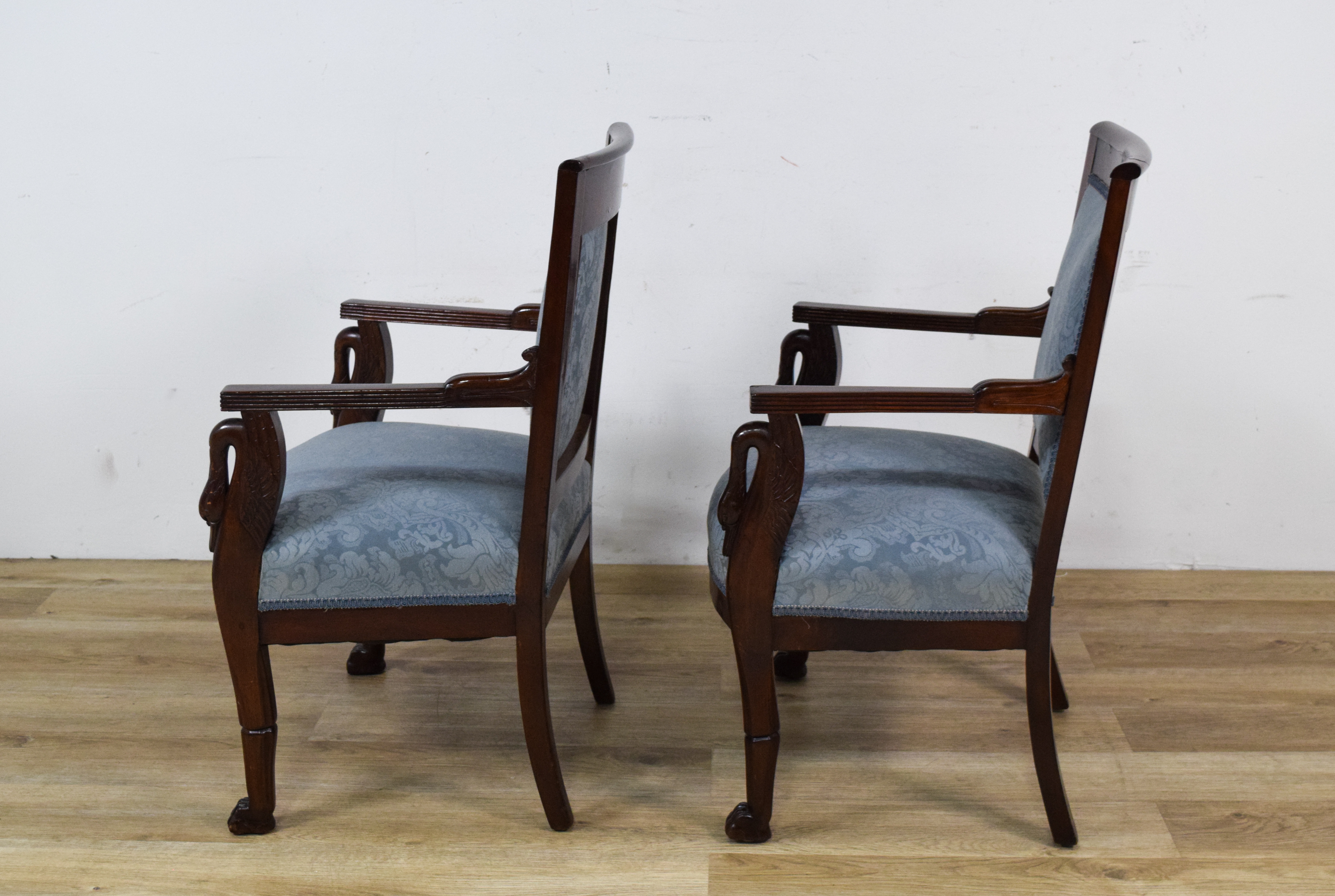 Pair of Victorian Empire Revival Mahogany Swan Neck Armchairs