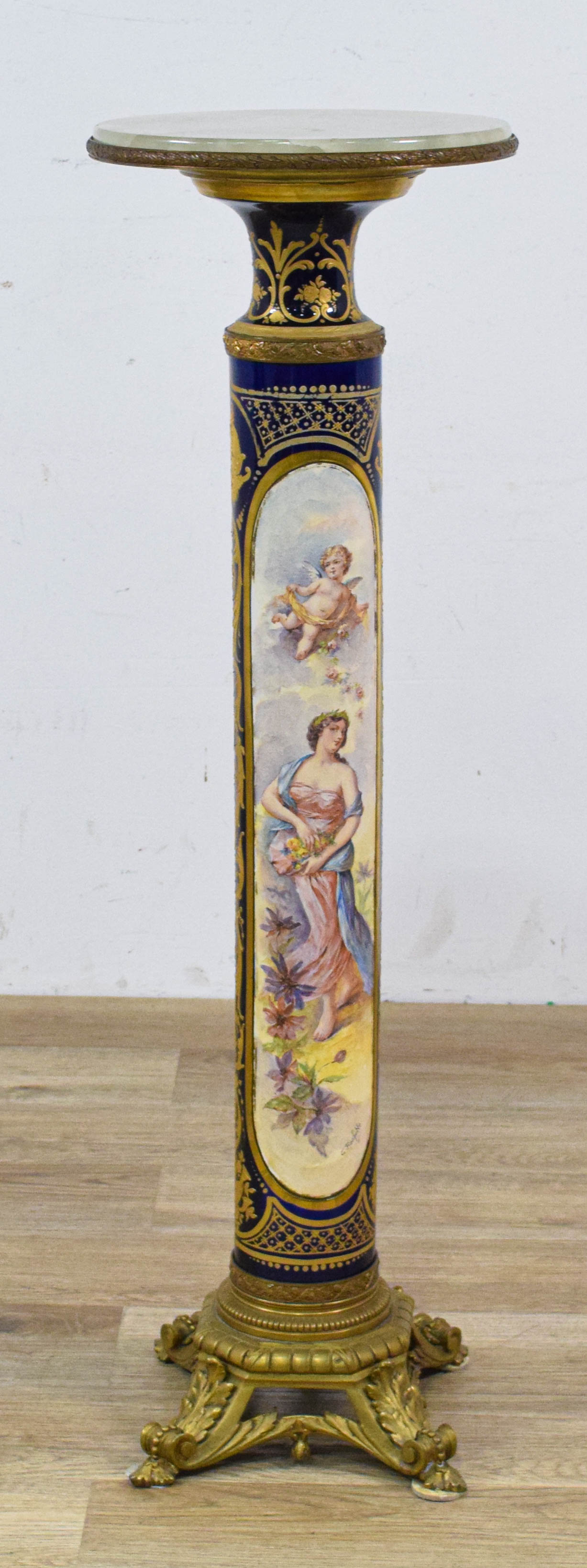 Gilt Bronze Mounted Porcelain Pedestal with White Onyx Top