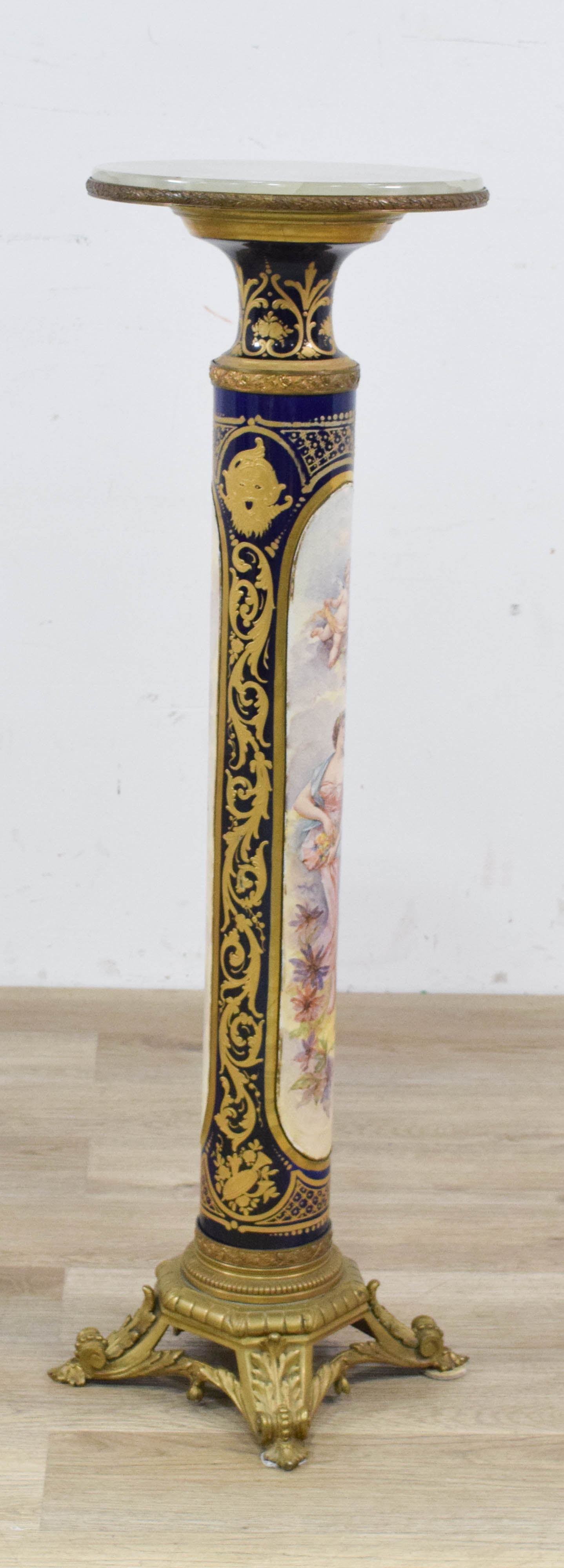 Gilt Bronze Mounted Porcelain Pedestal with White Onyx Top