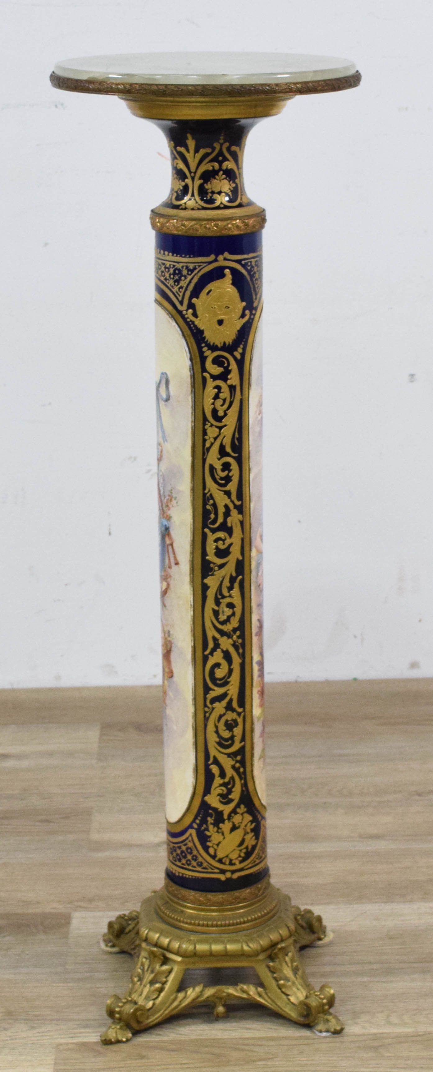 Gilt Bronze Mounted Porcelain Pedestal with White Onyx Top