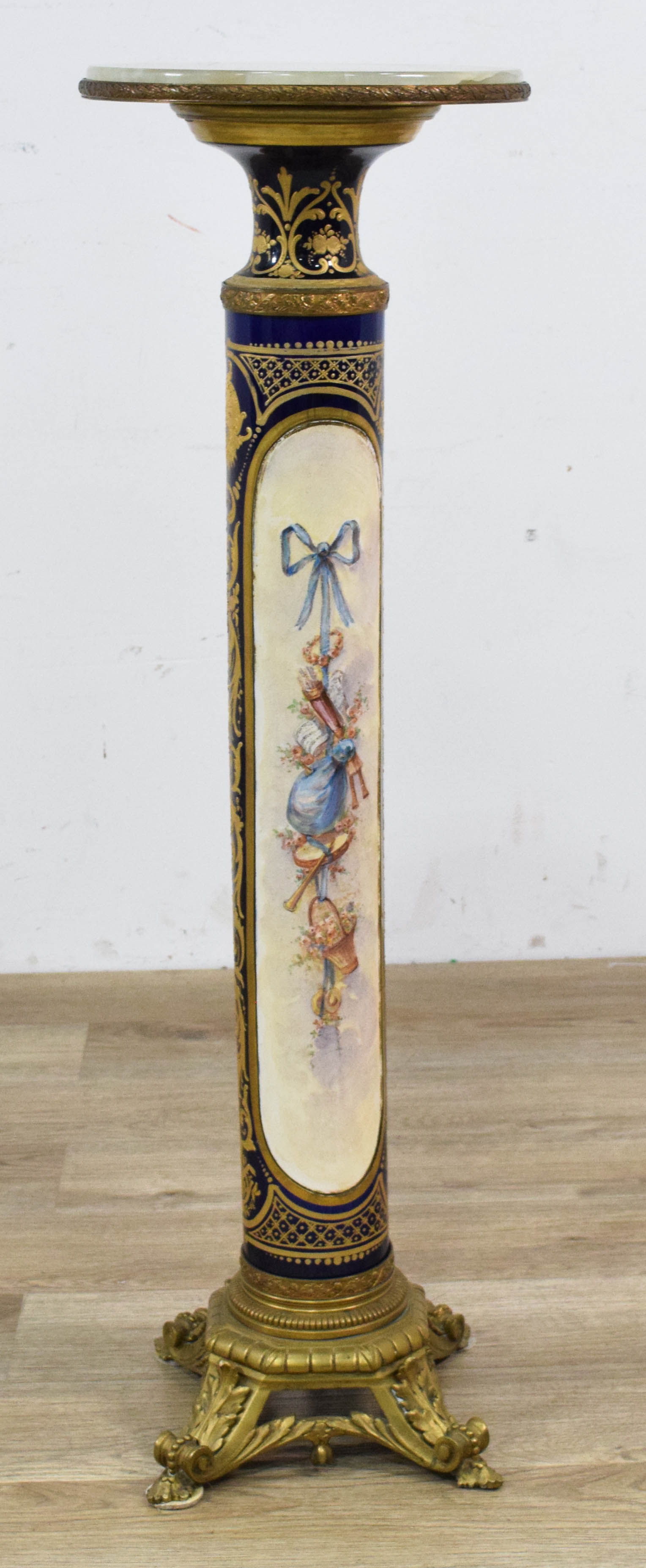 Gilt Bronze Mounted Porcelain Pedestal with White Onyx Top