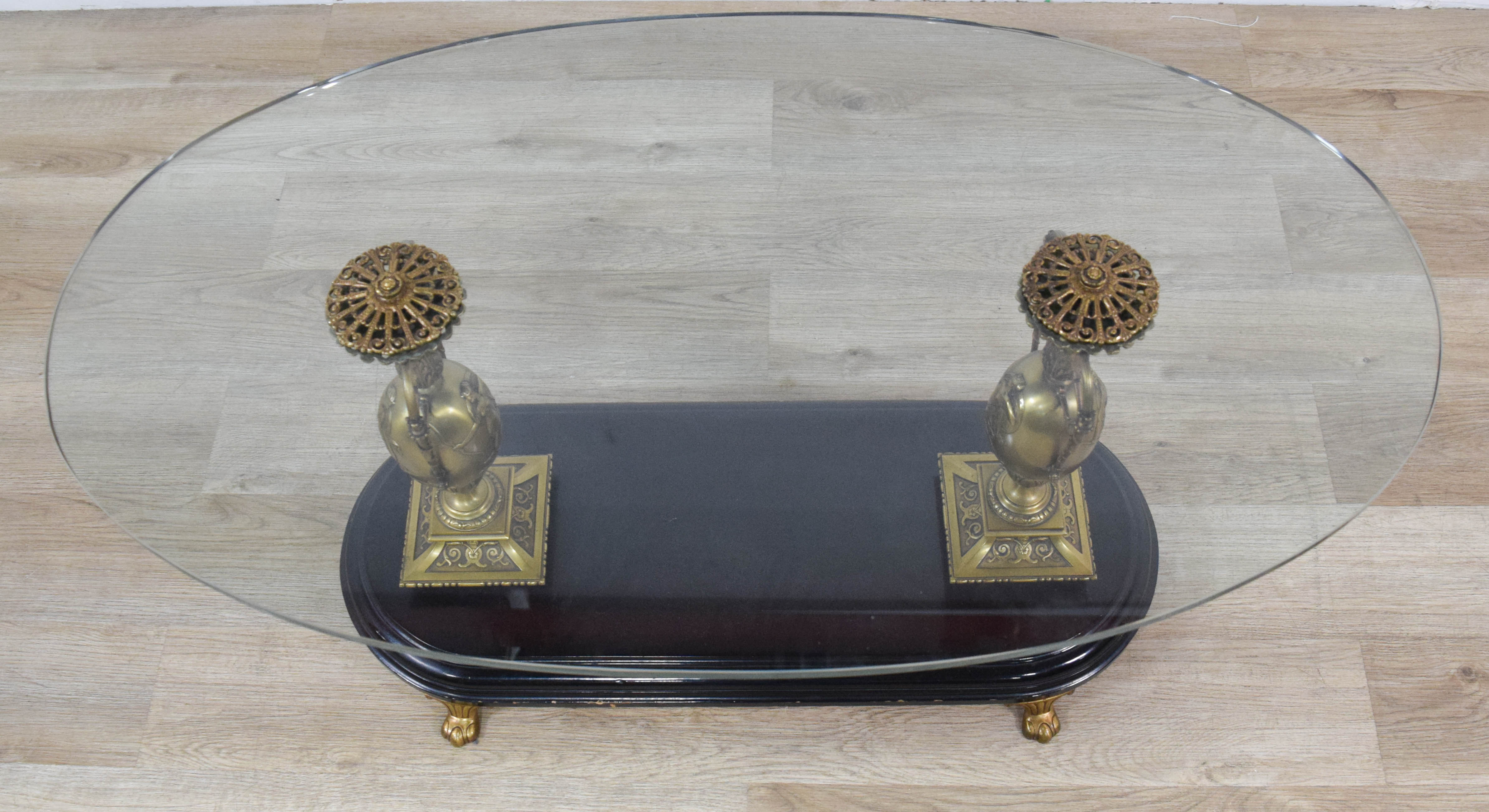 Large Classical Revival Style Bronze and Glass Oval Coffee Table