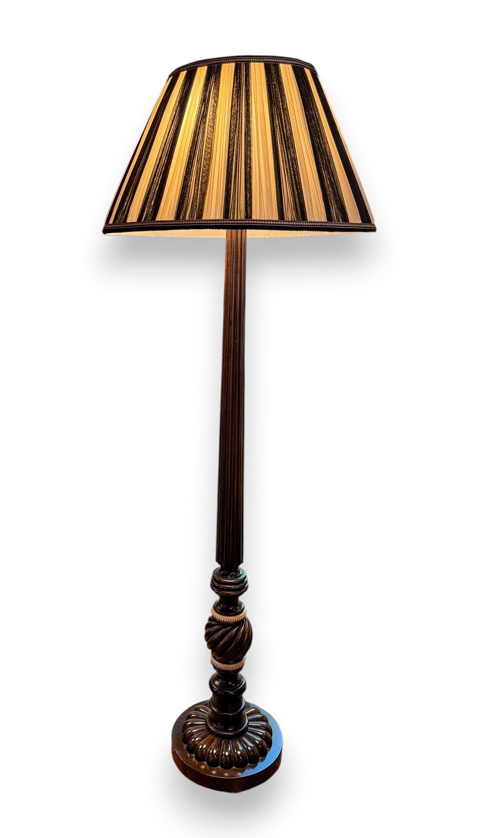 Lot 302: Traditional Turned Wood Three-Light Floor Lamp with Striped Pleated Shade