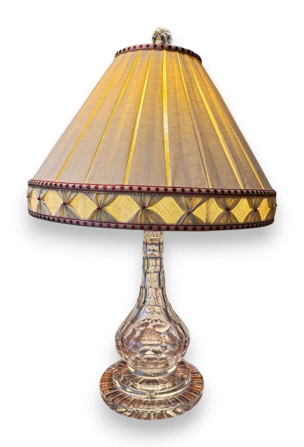 Lot 304: Waterford Crystal Cut Lead Crystal Table Lamp with Smocked Fabric Shade