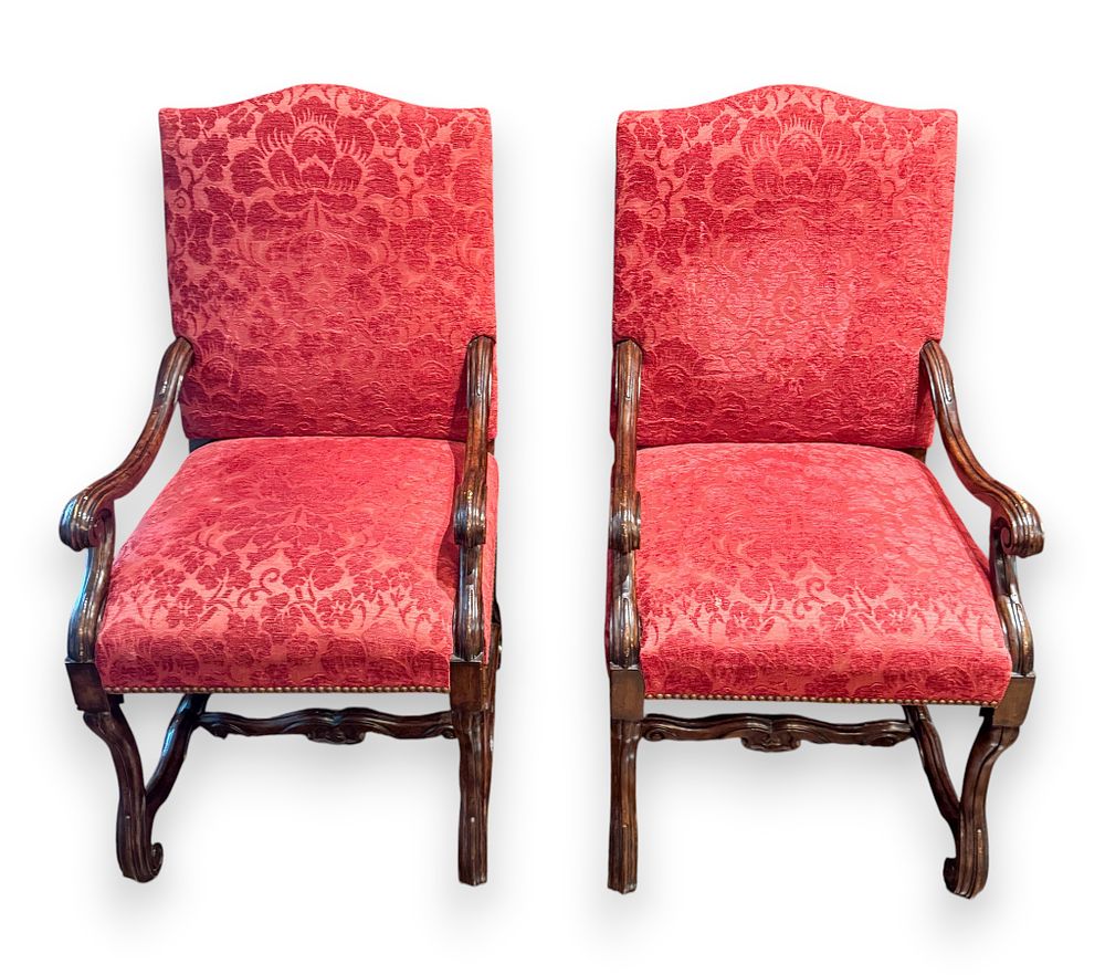 Lot 315: Pair Of Louis XIV Style Os De Mouton Red Damask Upholstered Armchairs