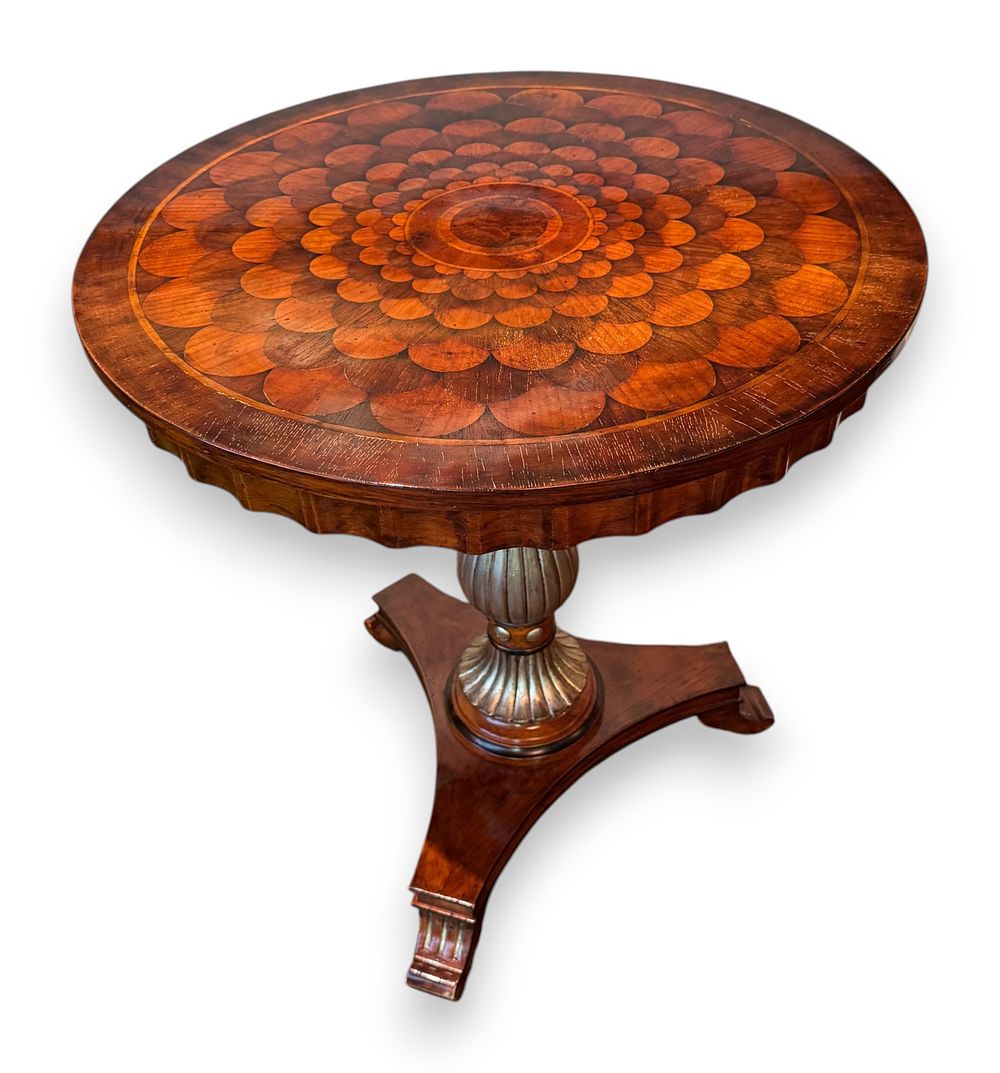 Lot 320: Neoclassical Style Mahogany Pedestal Side Table with Scale Pattern Marquetry Top