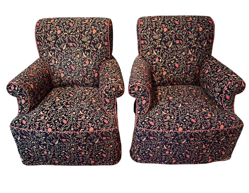Lot 328: A Pair of Traditional Mughal-Style Floral Upholstered Armchairs