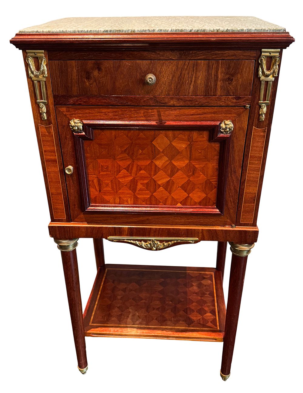 Lot 333: French Louis XVI Style Parquetry Inlaid Marble Top Nightstand