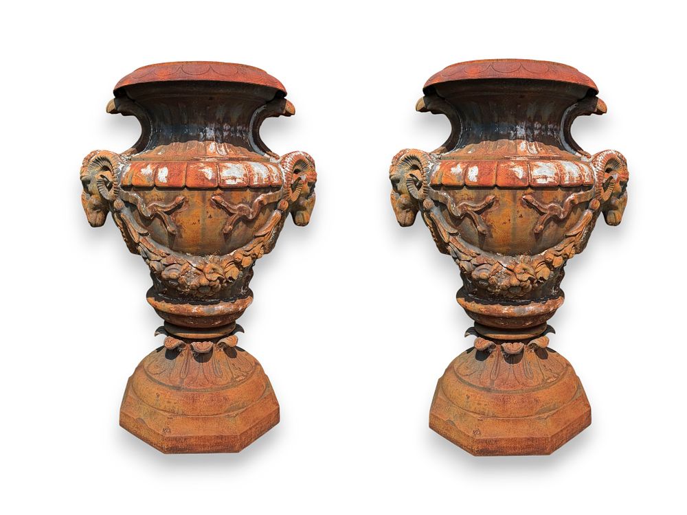 Lot 341: A Pair of Monumental Neoclassical Cast Iron Garden Urns with Ram's Head Handles