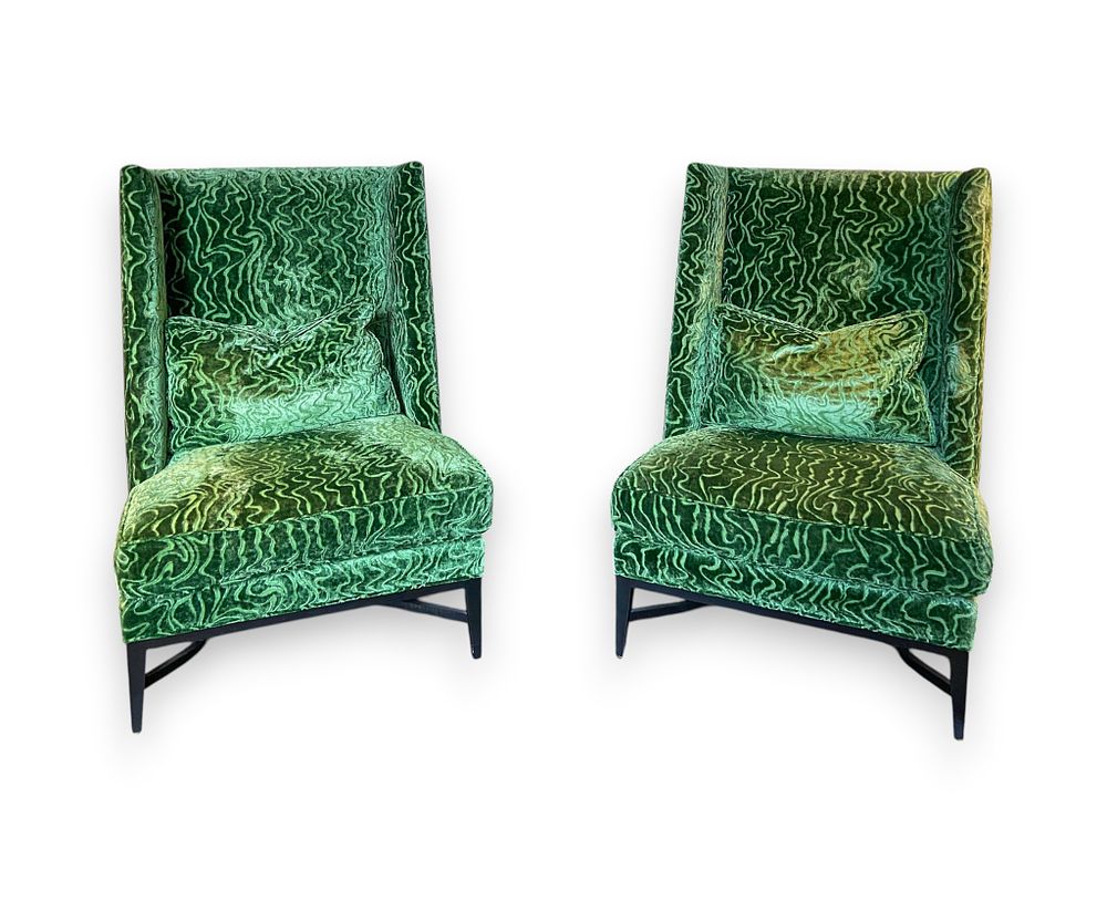 Lot 346: A Pair of Martin Industries High-Back Wing Chairs in Emerald Green Cut Velvet