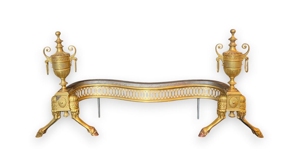 Lot 347: Neoclassical Brass and Iron Fireplace Fender with Urn Finials and Hooved Feet