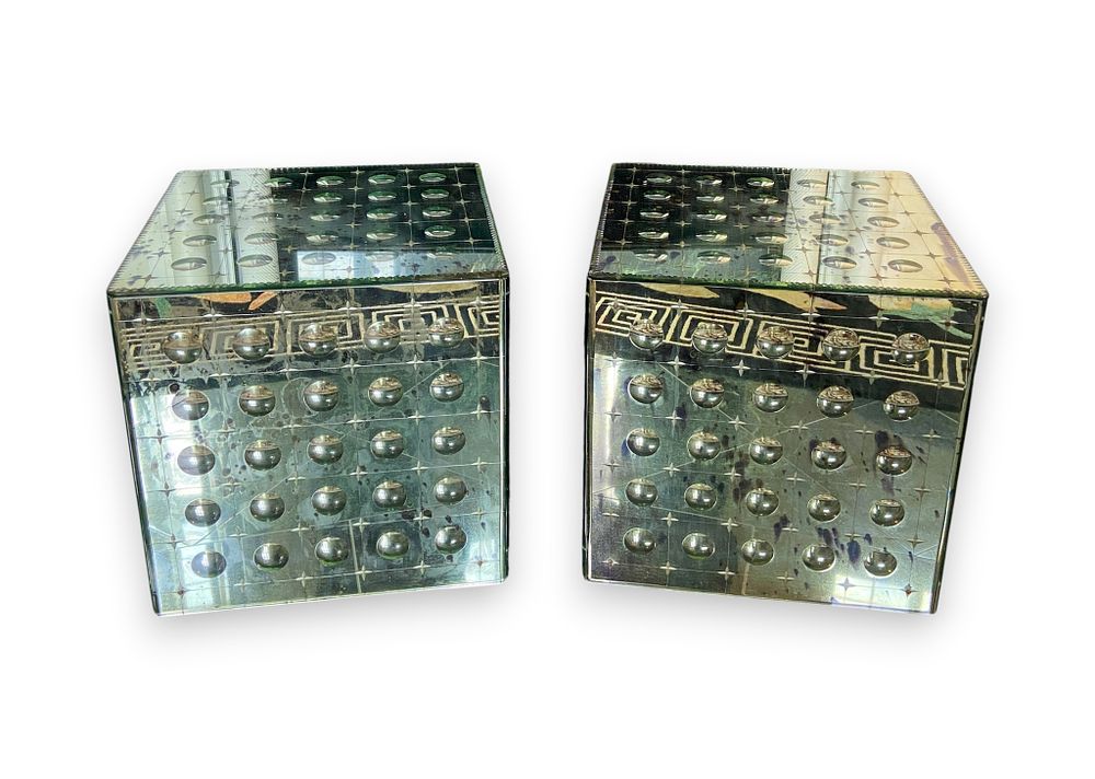 Lot 349: A Pair of Hollywood Regency Style Mirrored Cube End Tables on Casters