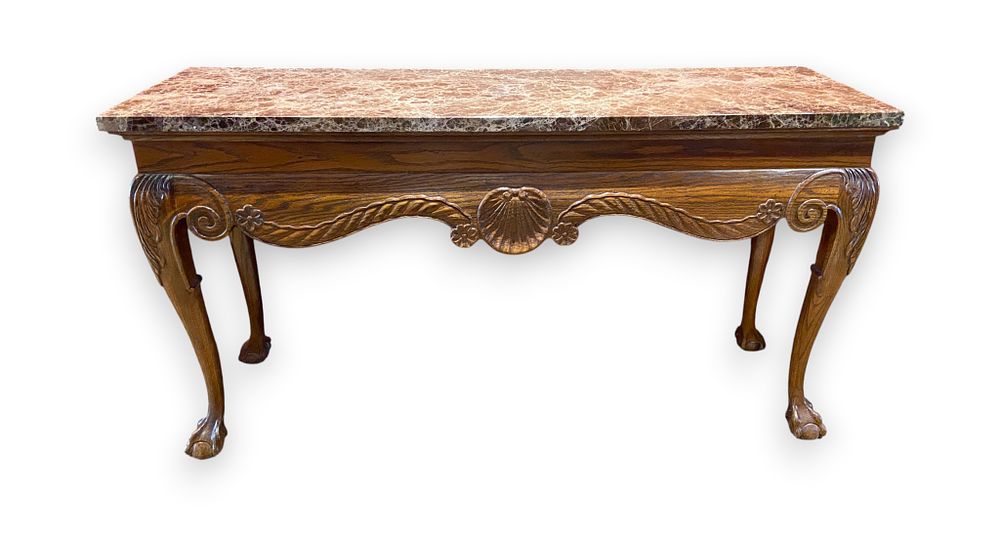 Lot 353: Carved Oak and Marble Top Console Table