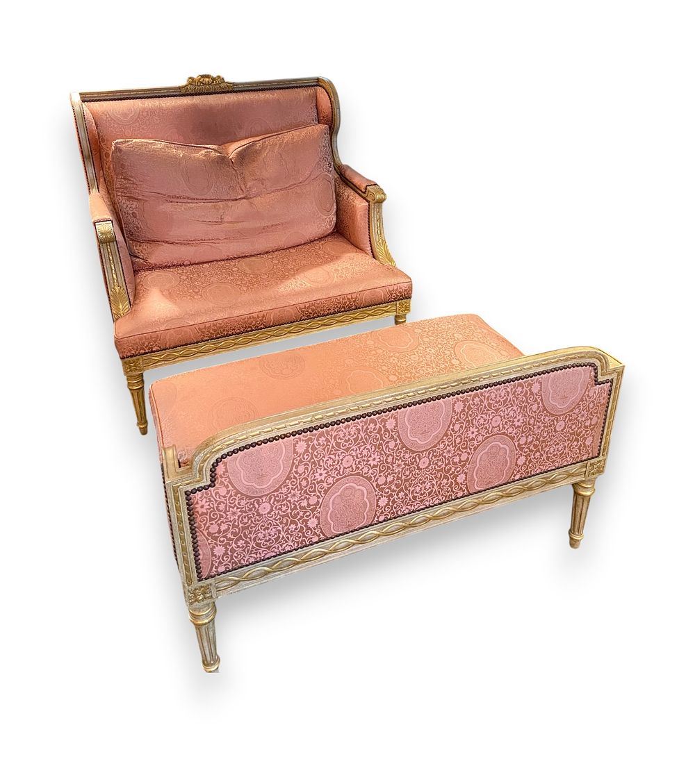 Lot 361: A Two-Piece Louis XVI Style Parcel Gilt and Painted Duchesse Brisee