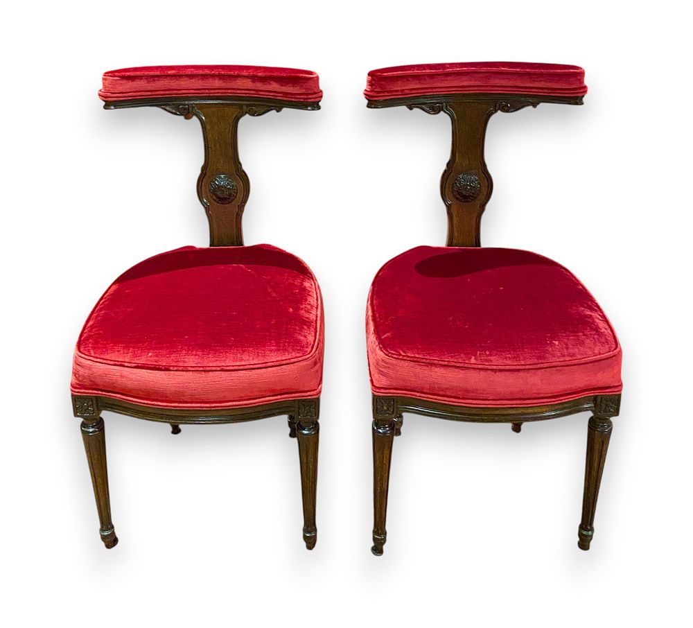 Lot 363: A Pair of Louis XVI Style Mahogany and Red Velvet Cockfighting Chairs