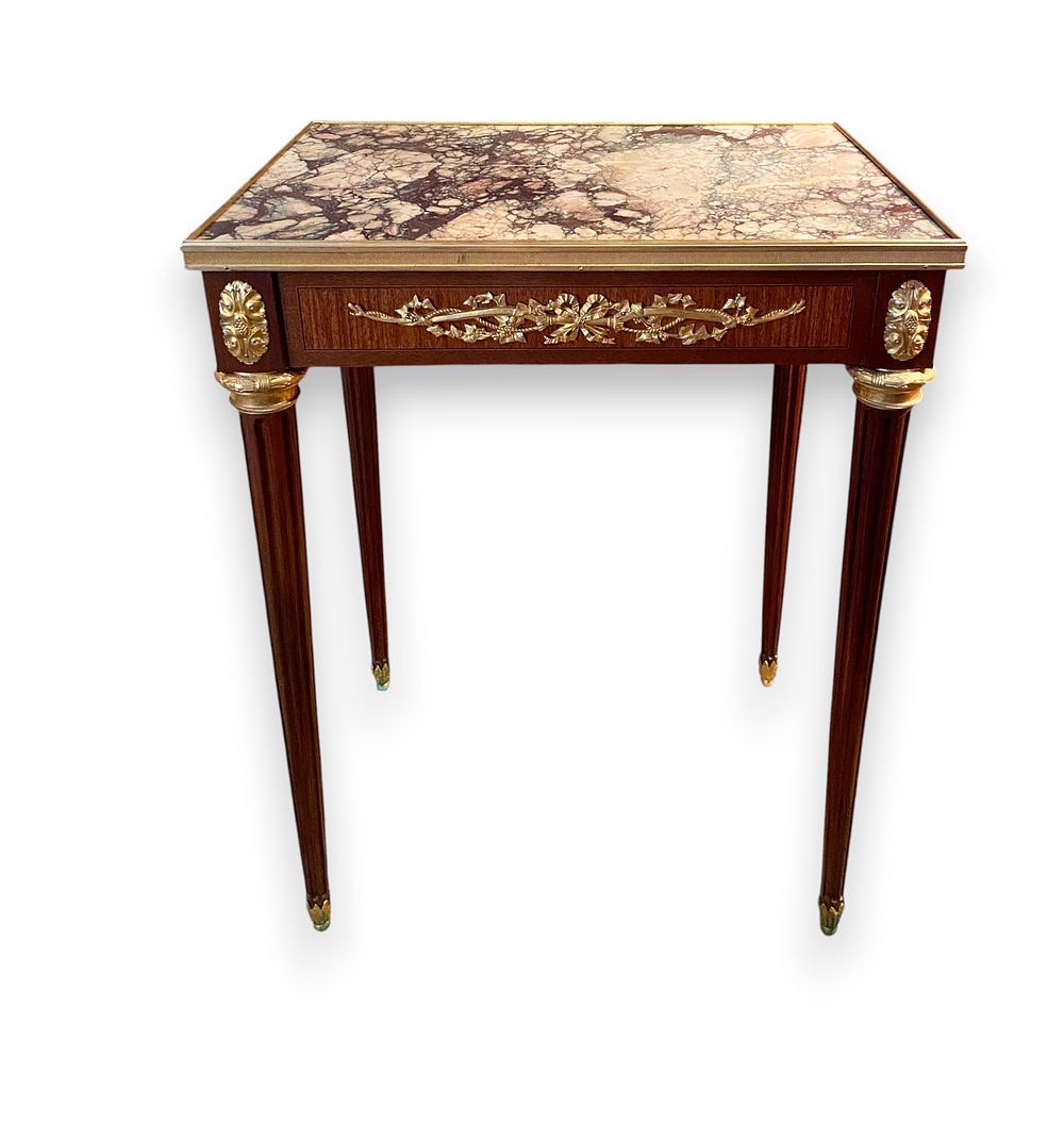 Lot 364: Louis XVI Style Gilt Bronze Mounted Marble Top Mahogany End Table