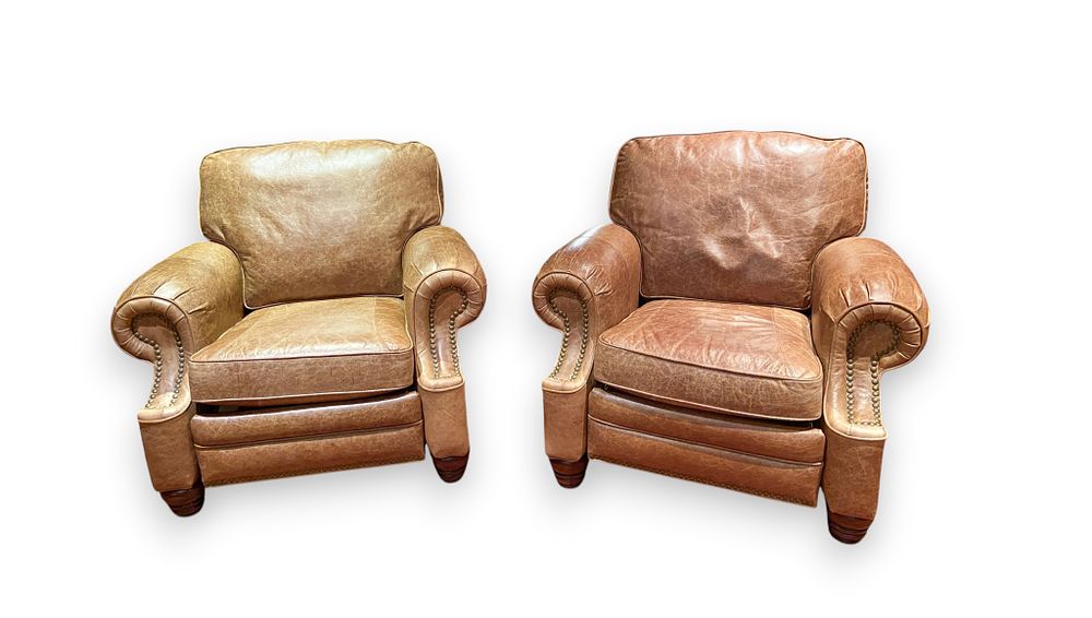 Lot 369: A Pair of Barcalounger Distressed Leather Push-Back Recliners