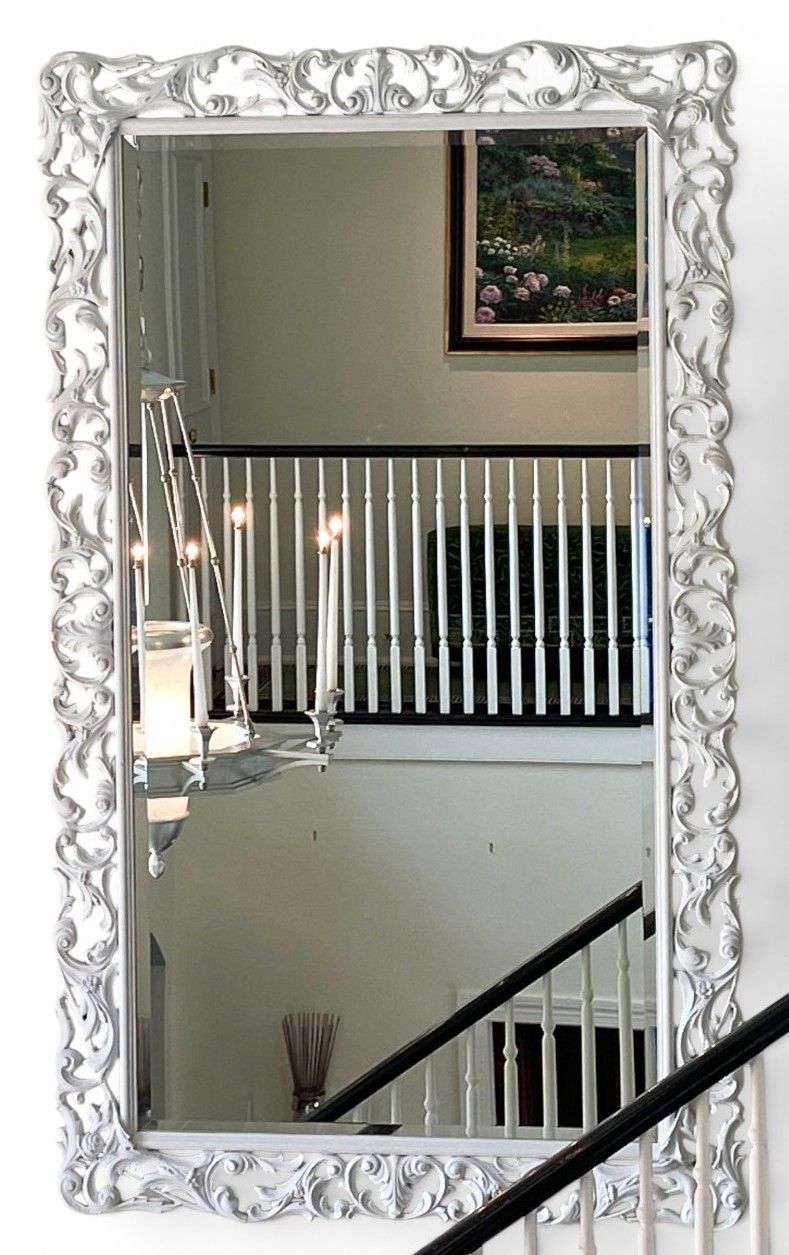 Lot 378: Large White Painted Ornate Rococo Style Beveled Wall Mirror
