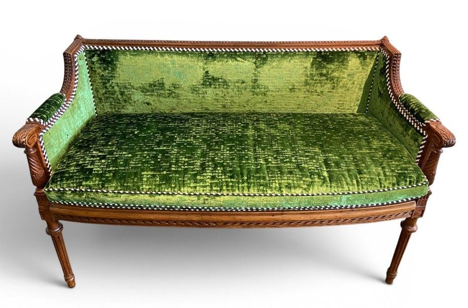 Lot 382: Victorian Louis XVI Revival Carved Wood and Green Velvet Settee