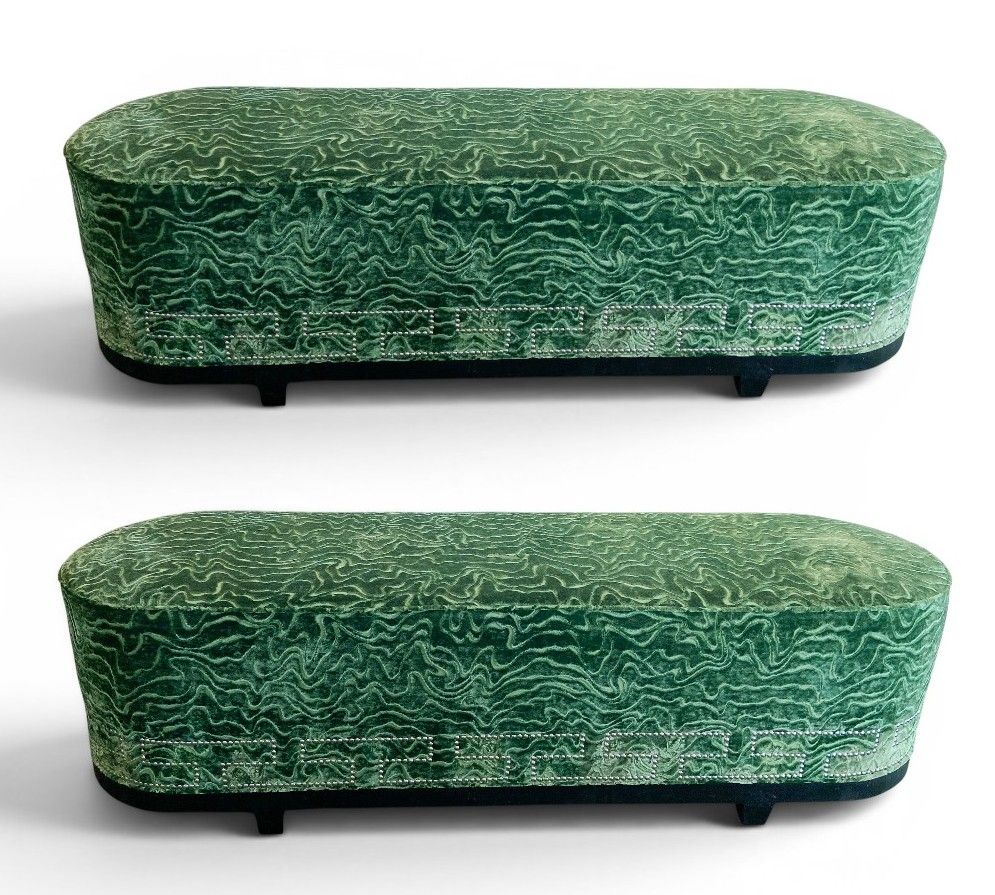 Lot 385: A Pair of Contemporary Green Cut-Velvet Upholstered Benches with Greek Key Nailhead Trim