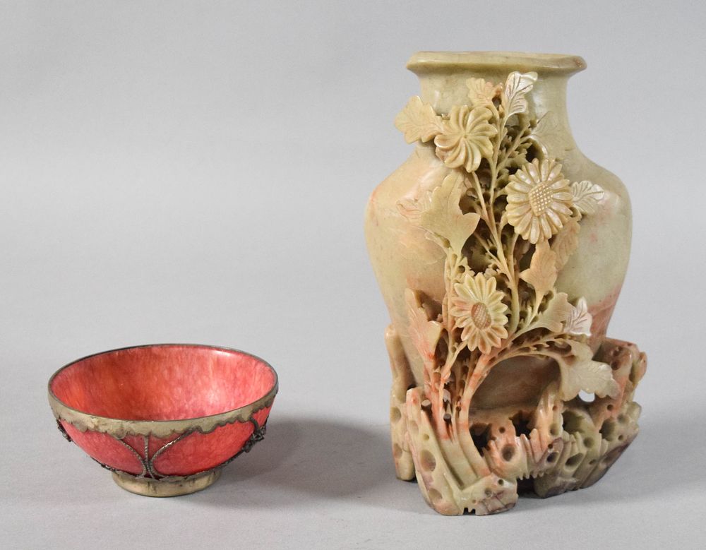 Lot 318: Carved Chinese Soapstone Vase and Mounted Soapstone Bowl
