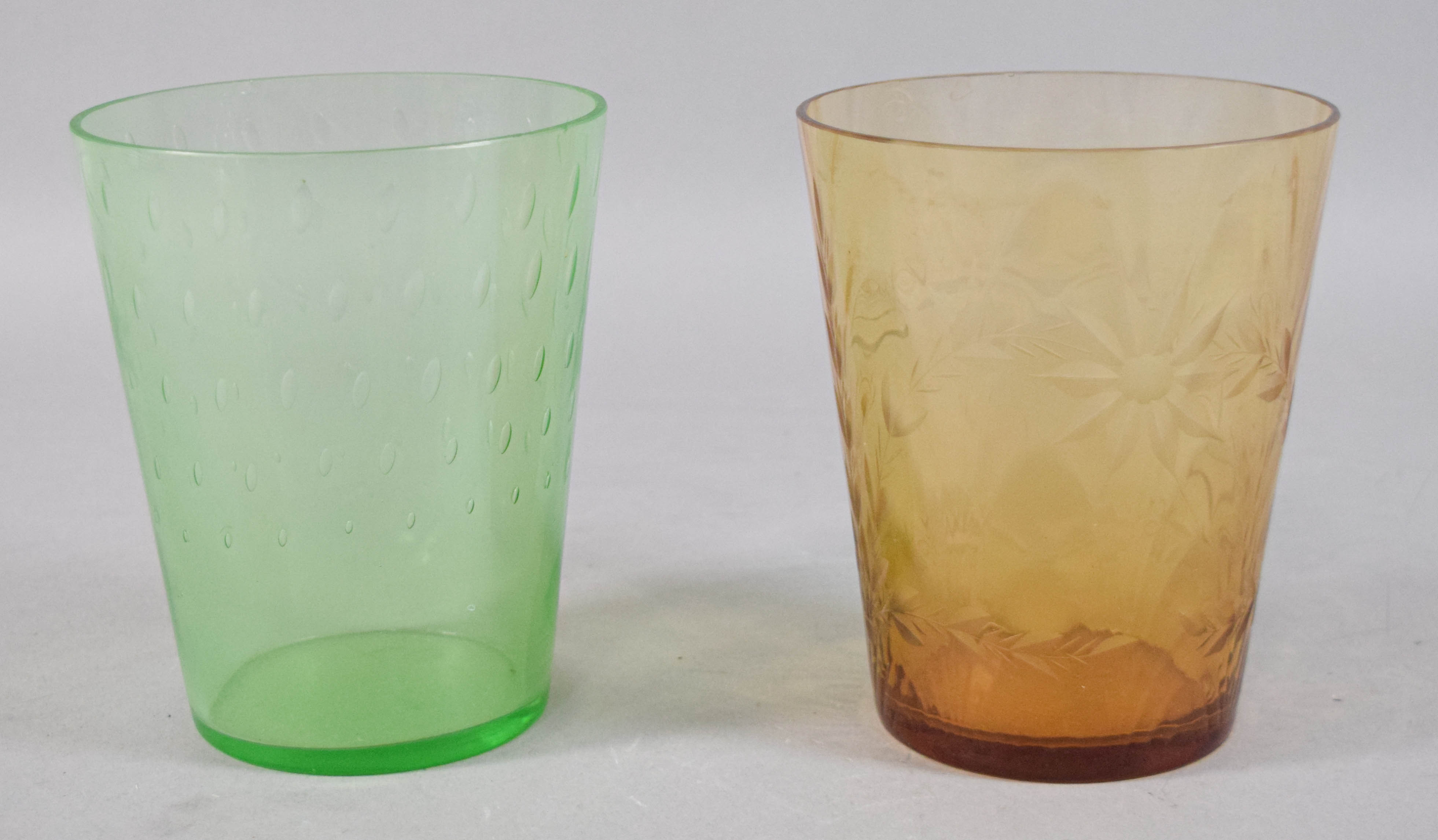 Two Glass Vases Incl Green Coin Spot and Amber Etched Floral
