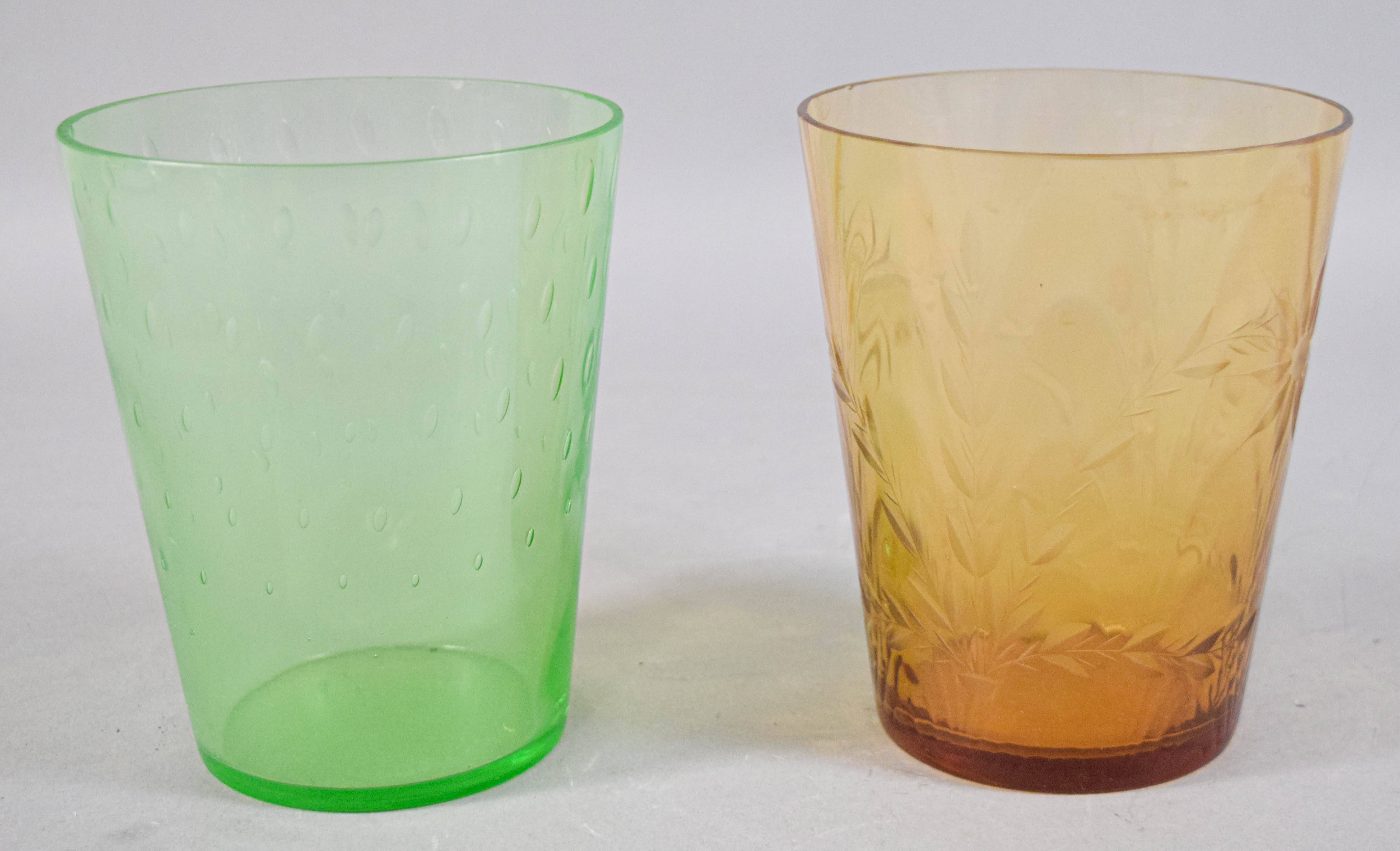 Two Glass Vases Incl Green Coin Spot and Amber Etched Floral