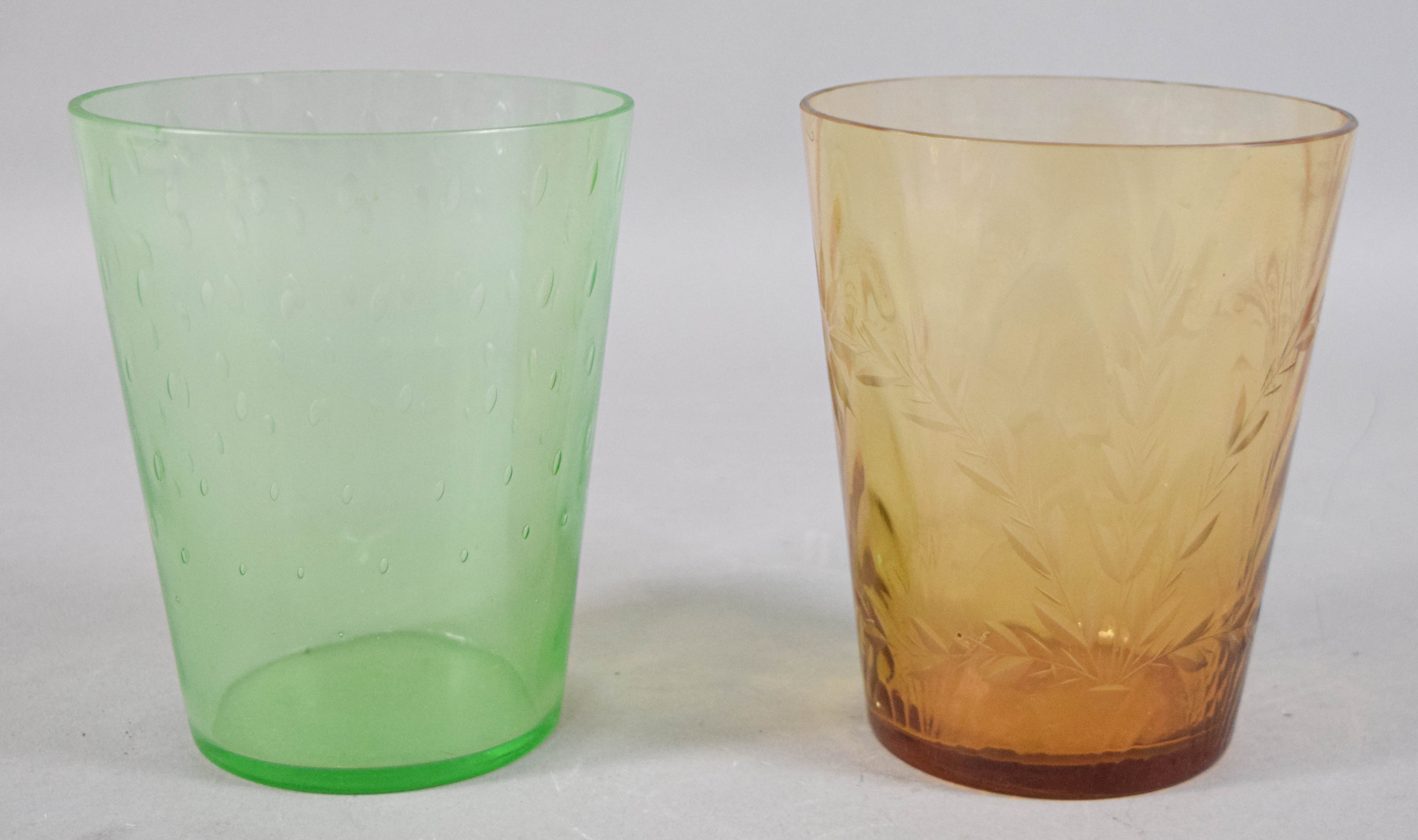 Two Glass Vases Incl Green Coin Spot and Amber Etched Floral
