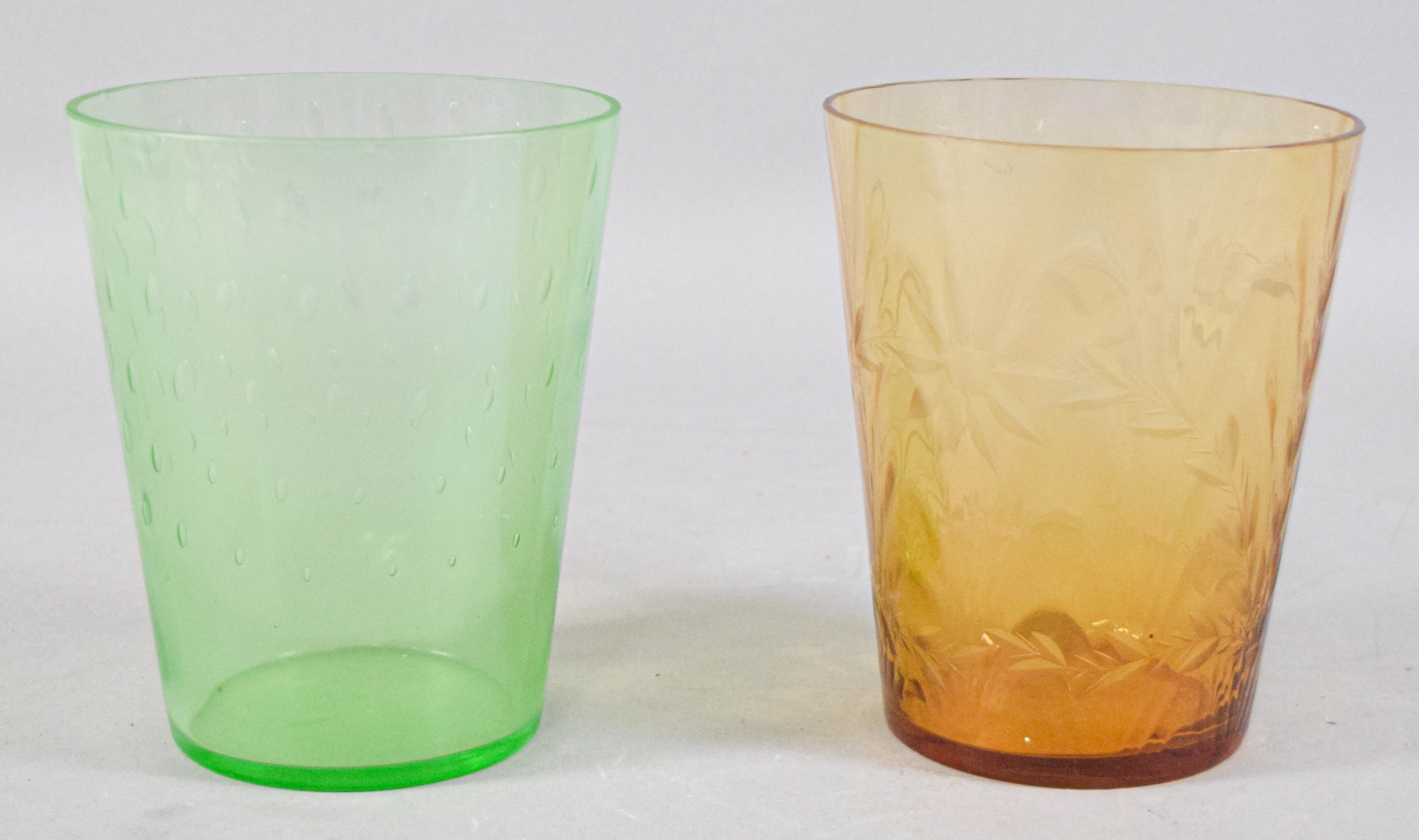 Two Glass Vases Incl Green Coin Spot and Amber Etched Floral