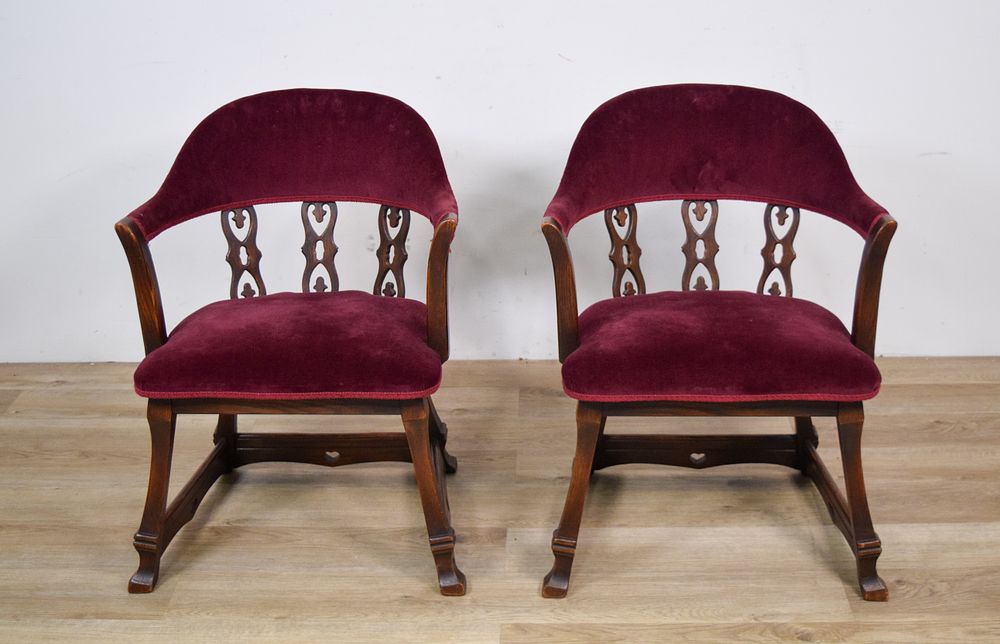 Lot 368: Pair of Gothic Revival Style Hardwood Barrel Back Armchairs