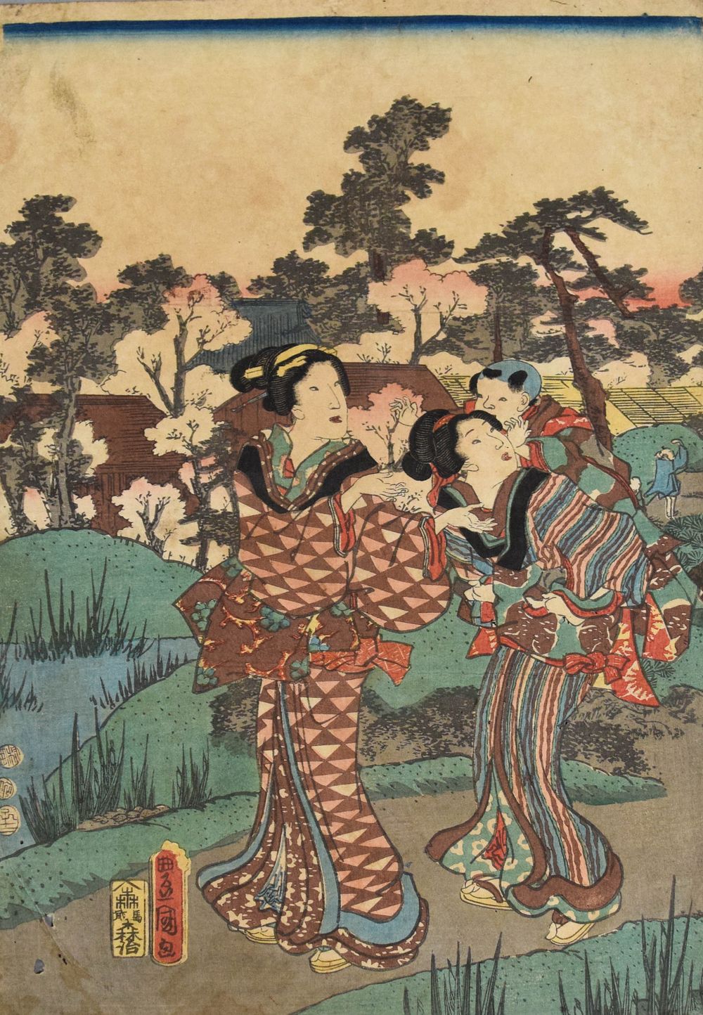 Lot 331: Utagawa Toyokuni III (Kunisada), Japanese Woodblock Print, Women and Attendant in a Landscape