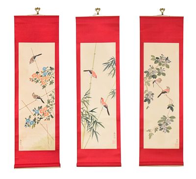Group of 3 Chinese Hand-Painted Silk Hanging Scrolls. Group of three Chinese hand-painted silk 