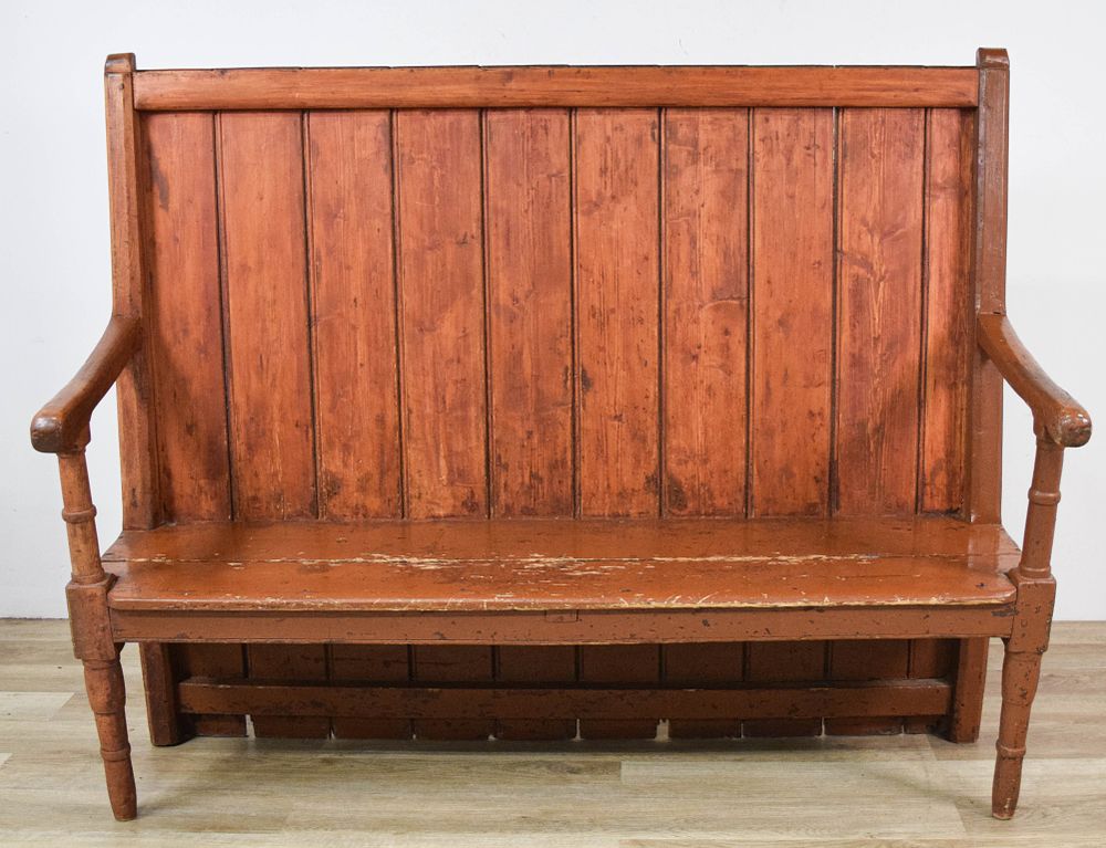 Lot 345: Antique English Softwood High-Back Settle Bench