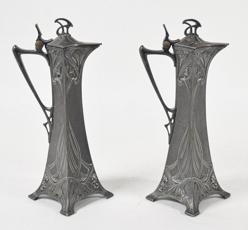 Lot 217: Pair of WMF Art Nouveau Jugendstil Pewter Ewers
