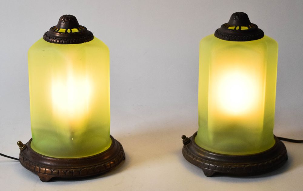 Lot 293: Pair of Antique Green Frosted Satin Glass Motion Table Lamps
