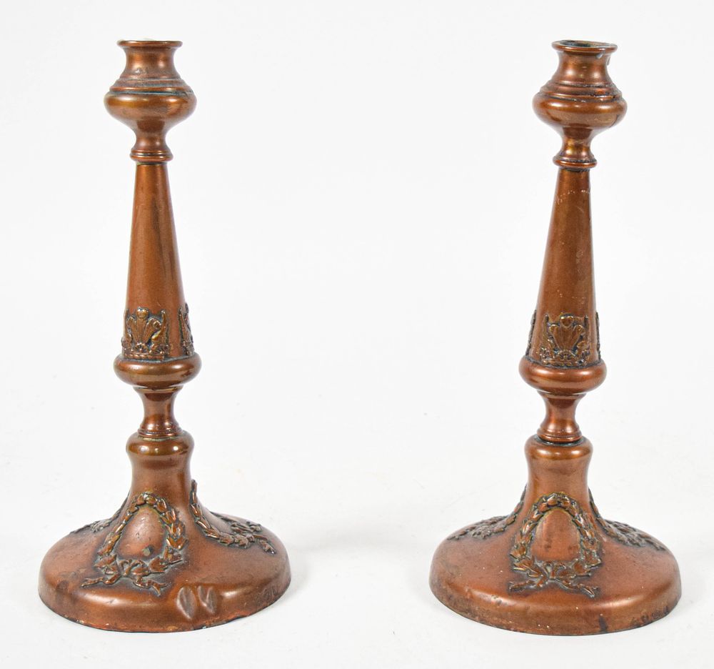 Lot 218: Pair of Neoclassical Style Copper Candlesticks