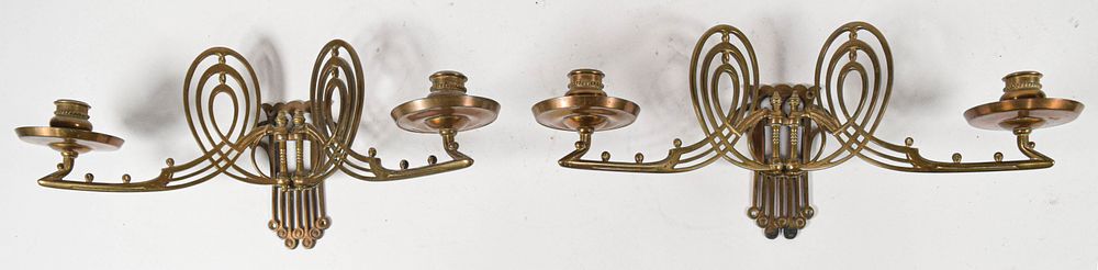 Lot 297: Pair of Art Nouveau Brass Twin-Light Swinging Arm Wall Sconces