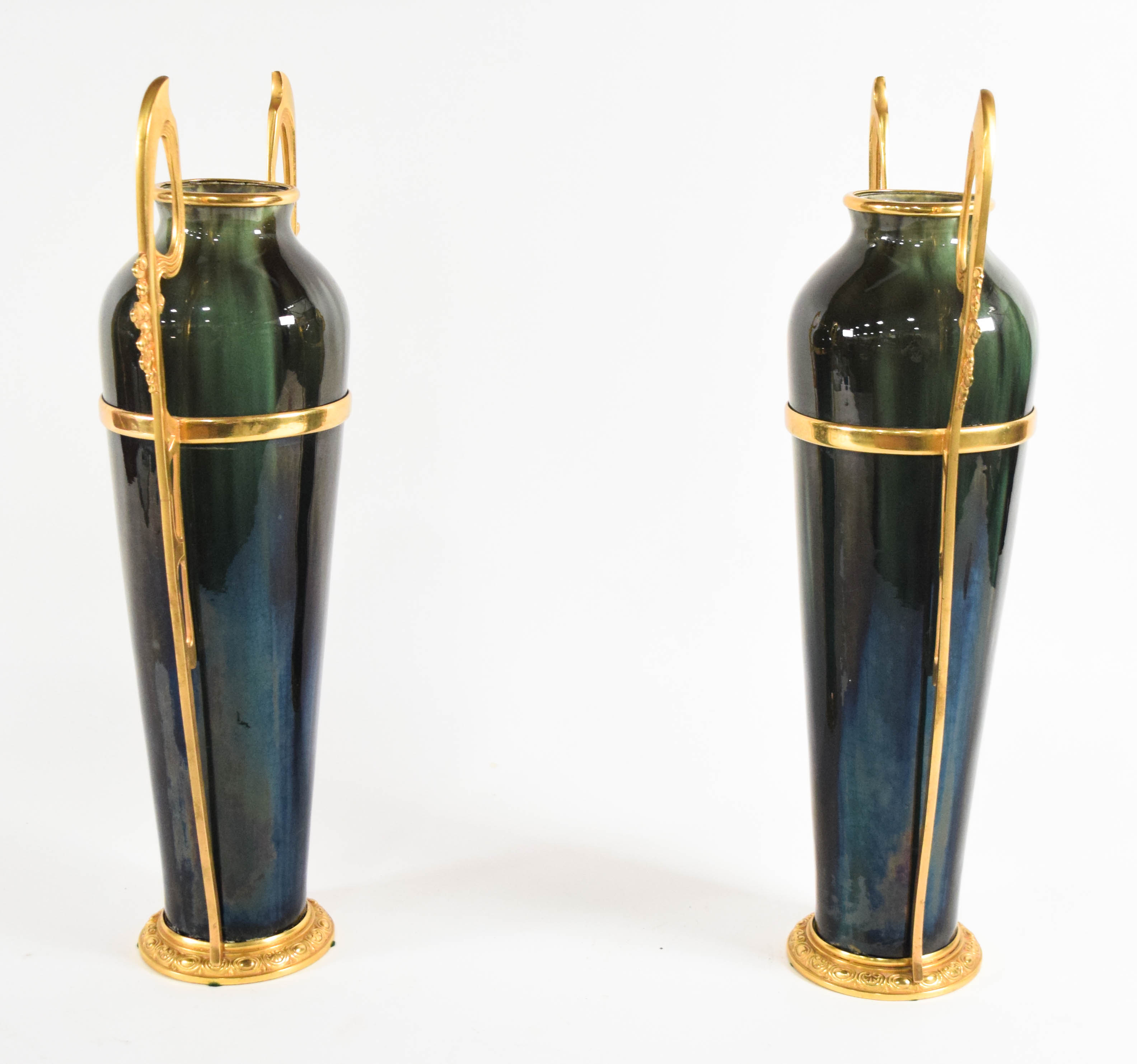 A Pair of Egyptian Revival Gilt Metal Mounted Glazed Ceramic Vases