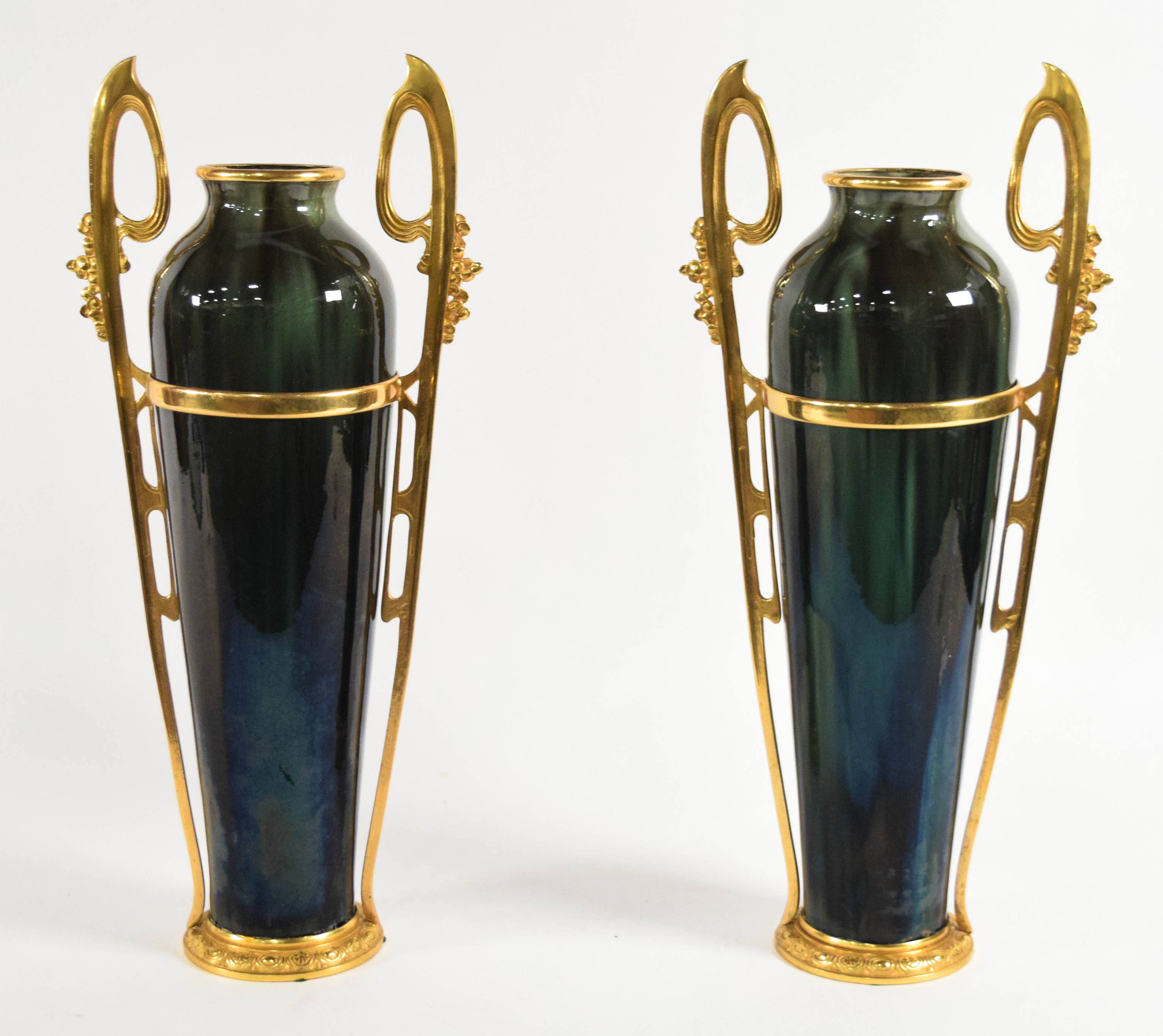 A Pair of Egyptian Revival Gilt Metal Mounted Glazed Ceramic Vases