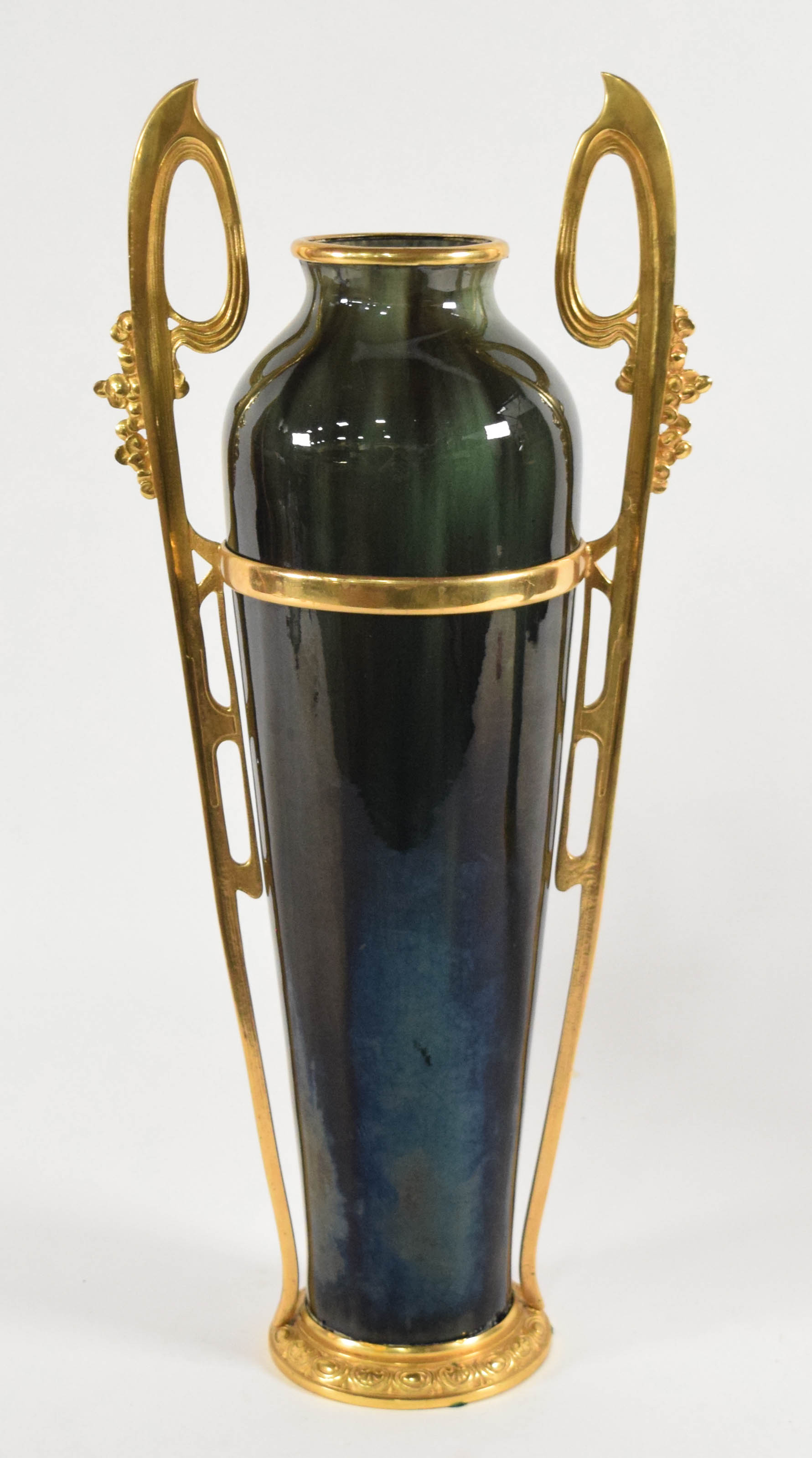 A Pair of Egyptian Revival Gilt Metal Mounted Glazed Ceramic Vases