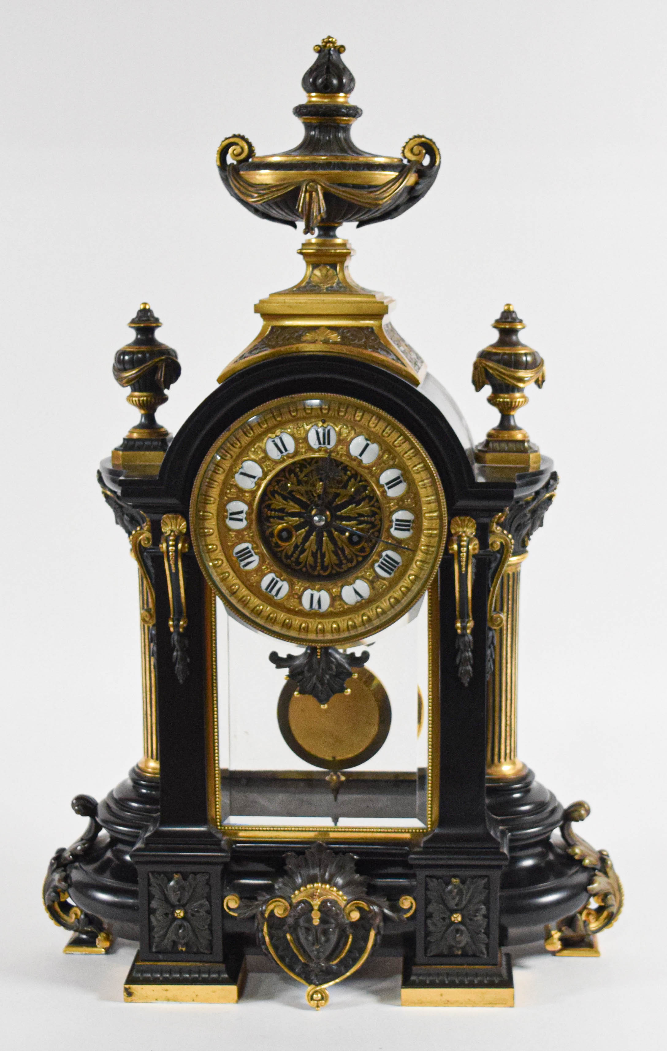 Samuel Marti Style French Neoclassical Black Marble and Gilt Metal Mantel Clock