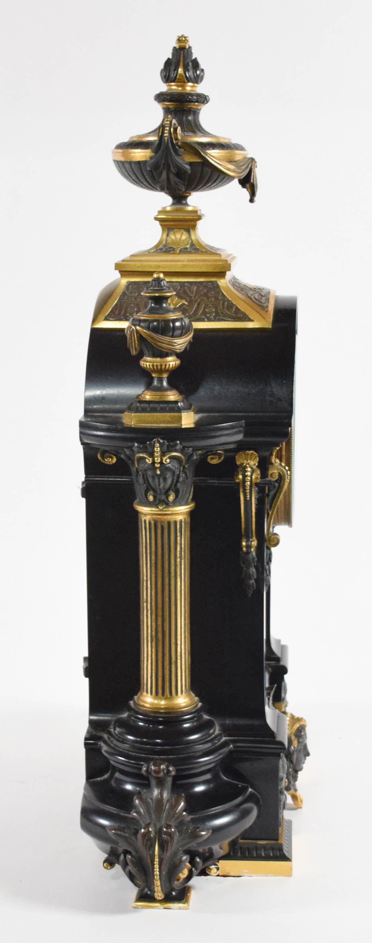 Samuel Marti Style French Neoclassical Black Marble and Gilt Metal Mantel Clock