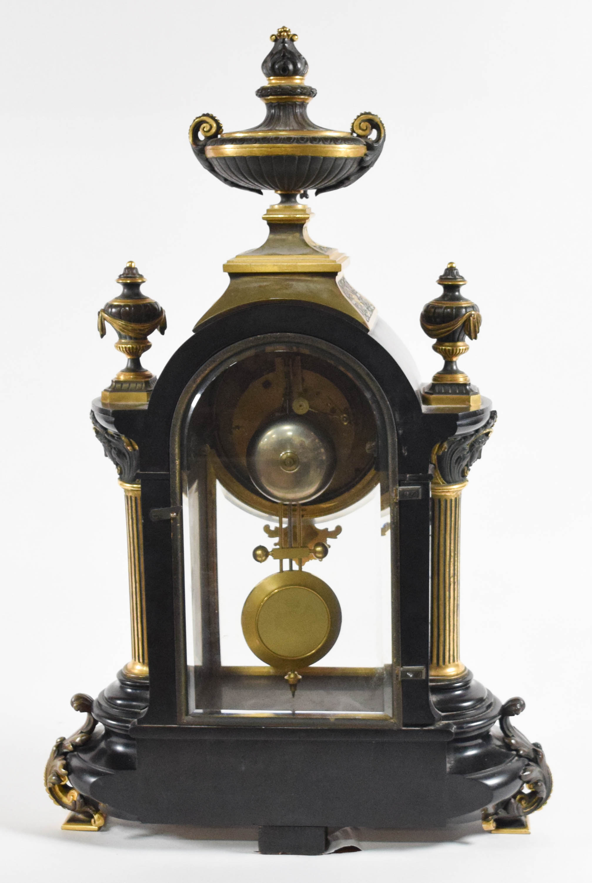 Samuel Marti Style French Neoclassical Black Marble and Gilt Metal Mantel Clock
