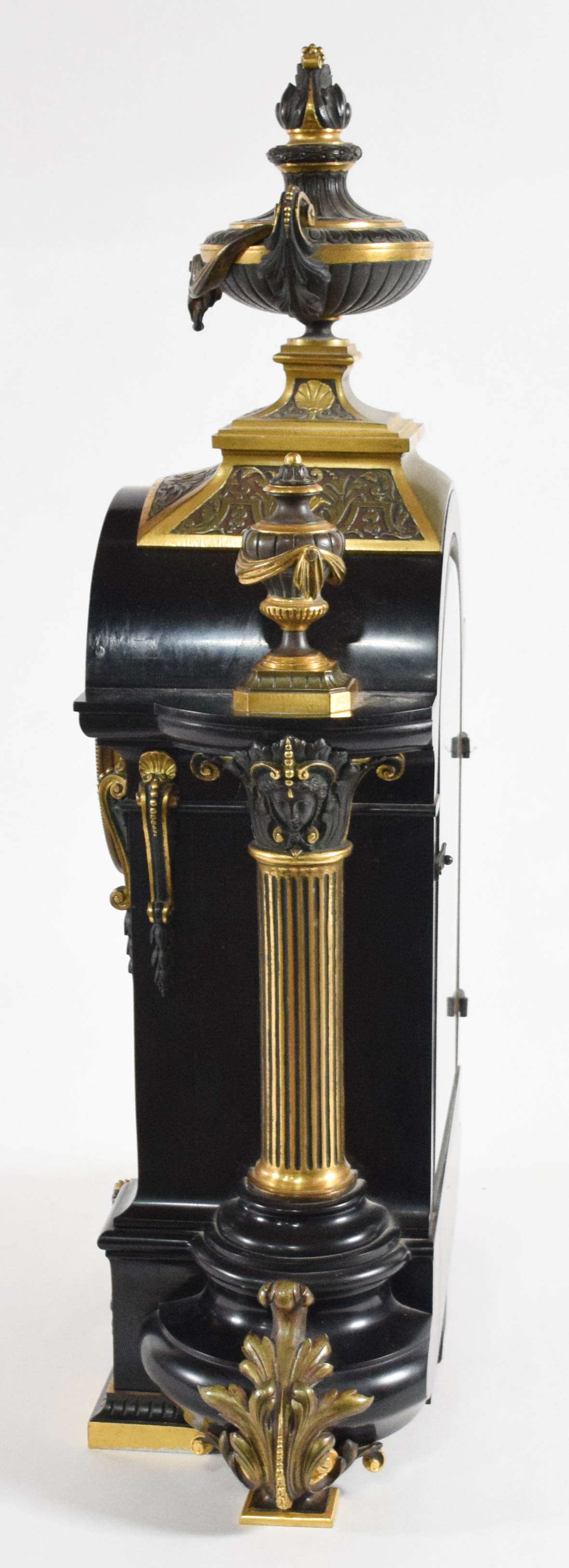 Samuel Marti Style French Neoclassical Black Marble and Gilt Metal Mantel Clock