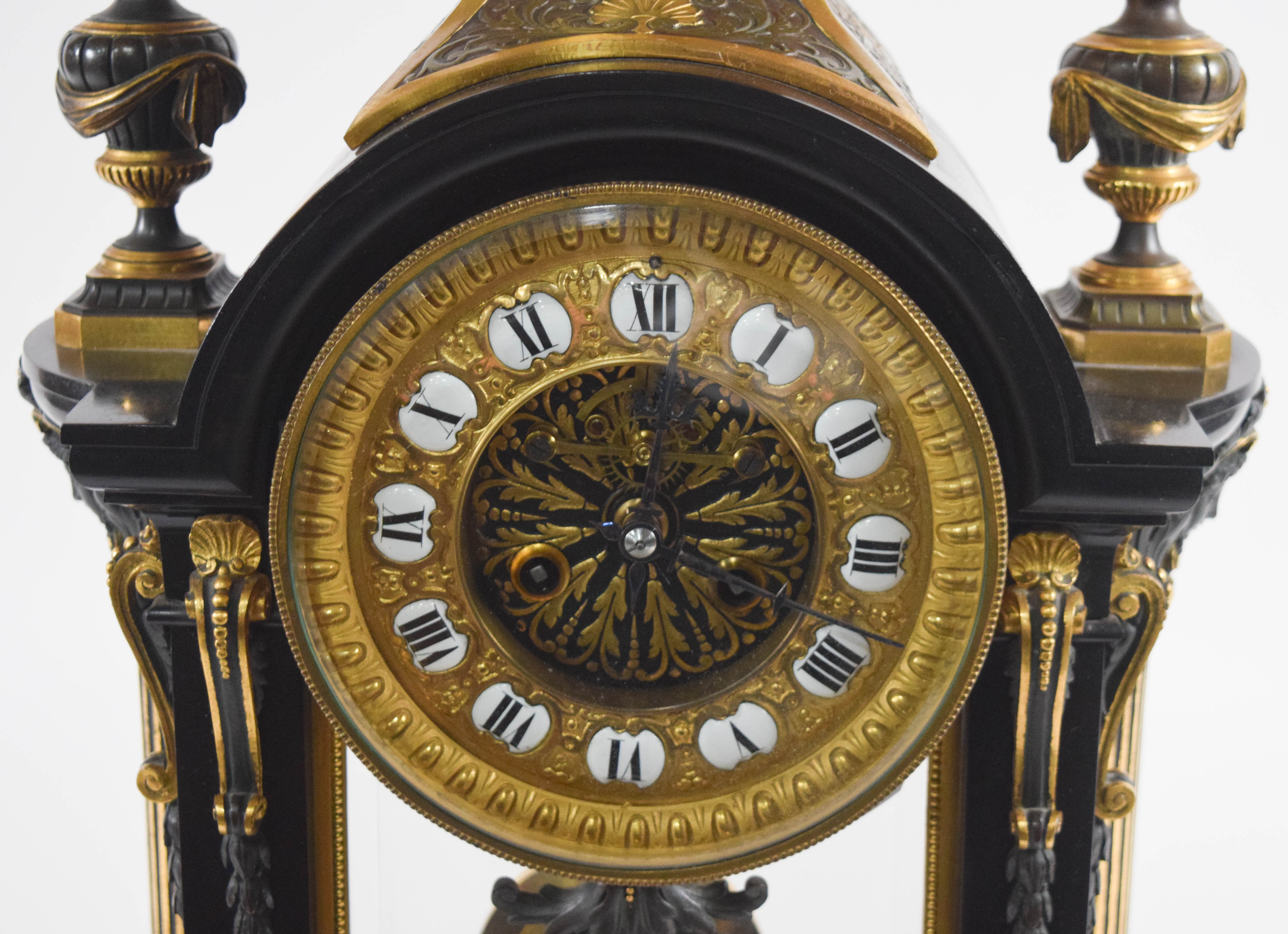 Samuel Marti Style French Neoclassical Black Marble and Gilt Metal Mantel Clock