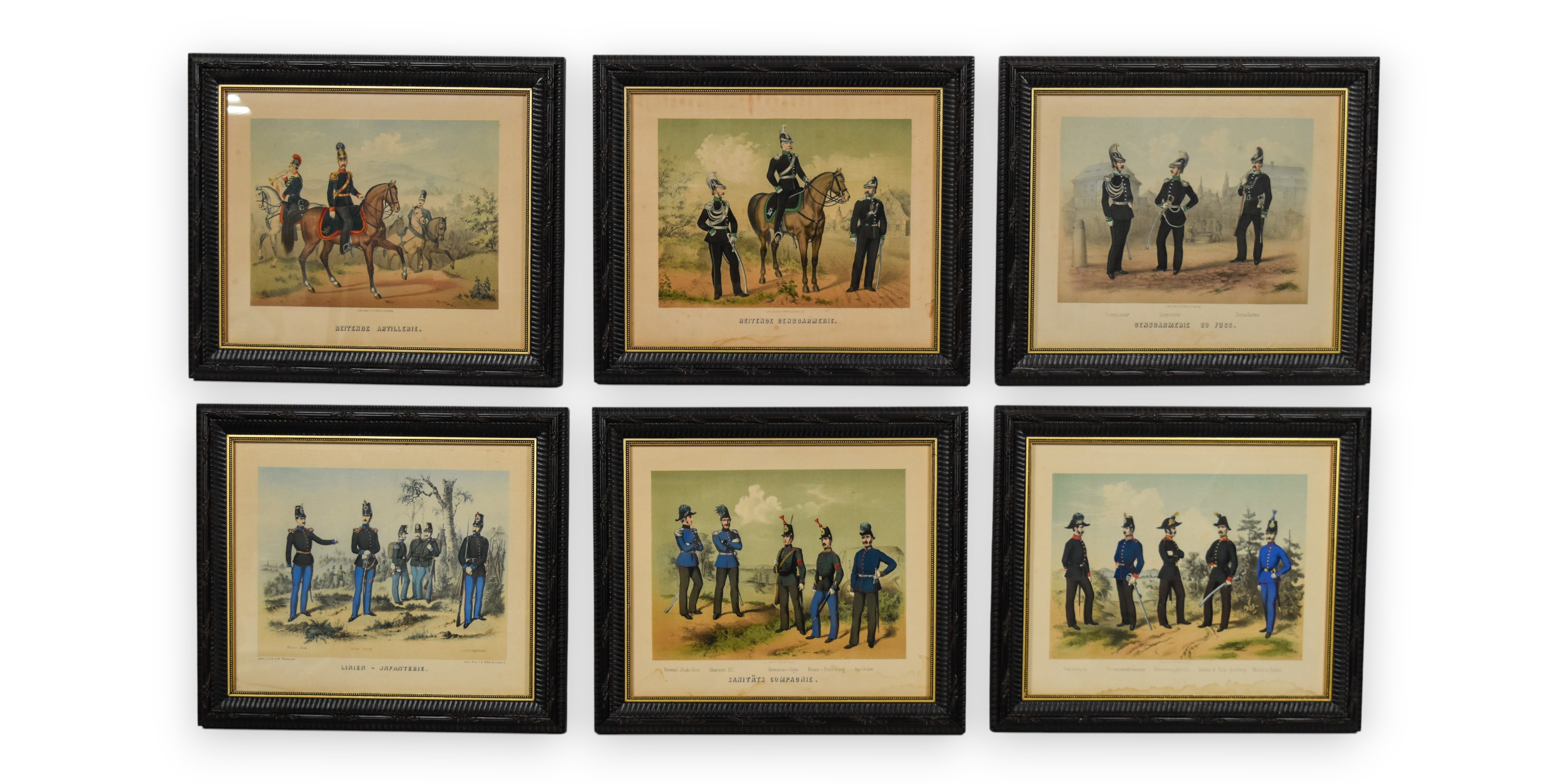 Group of 6 Hand-Colored German Military Uniform Lithographs