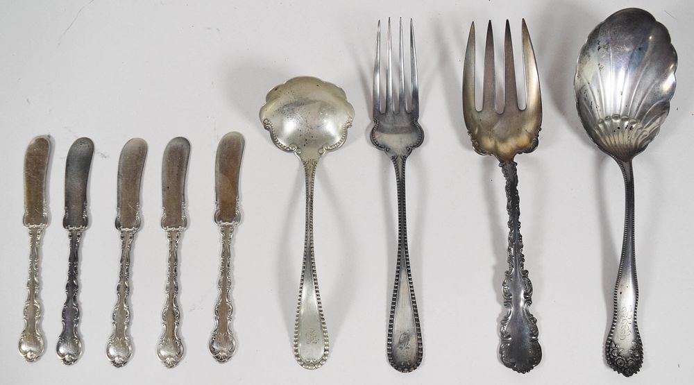 Lot 223: 9 Piece Set of Sterling Silver Serving Utensils and Flatware including Frontenac Pattern