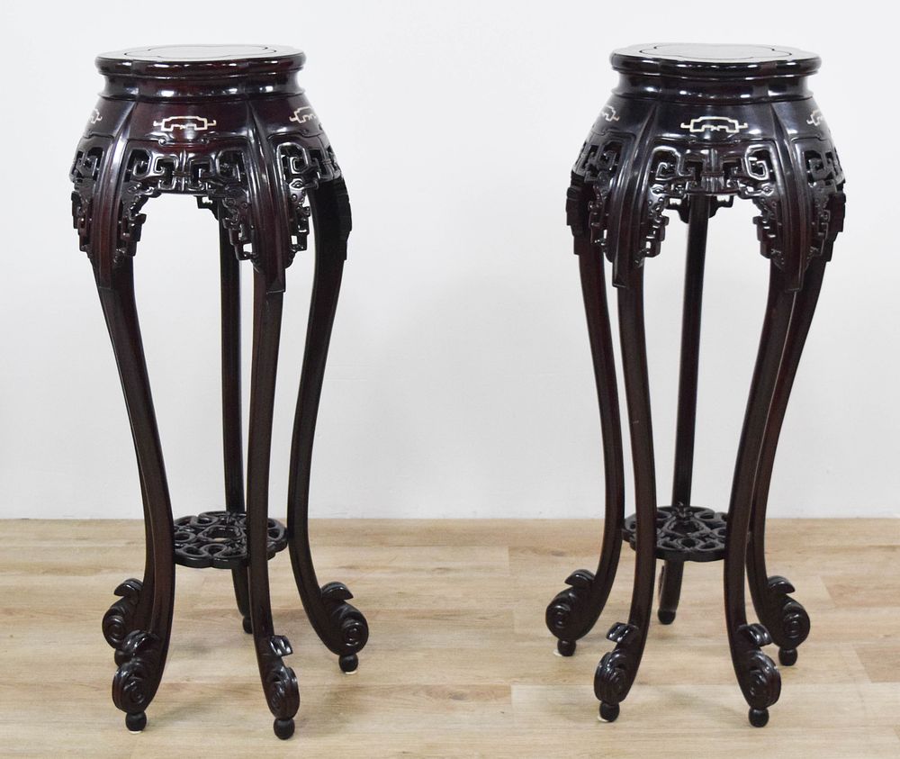 Lot 313: Pair of Chinese Rosewood and Mother-of-Pearl Inlaid Pedestal Stands