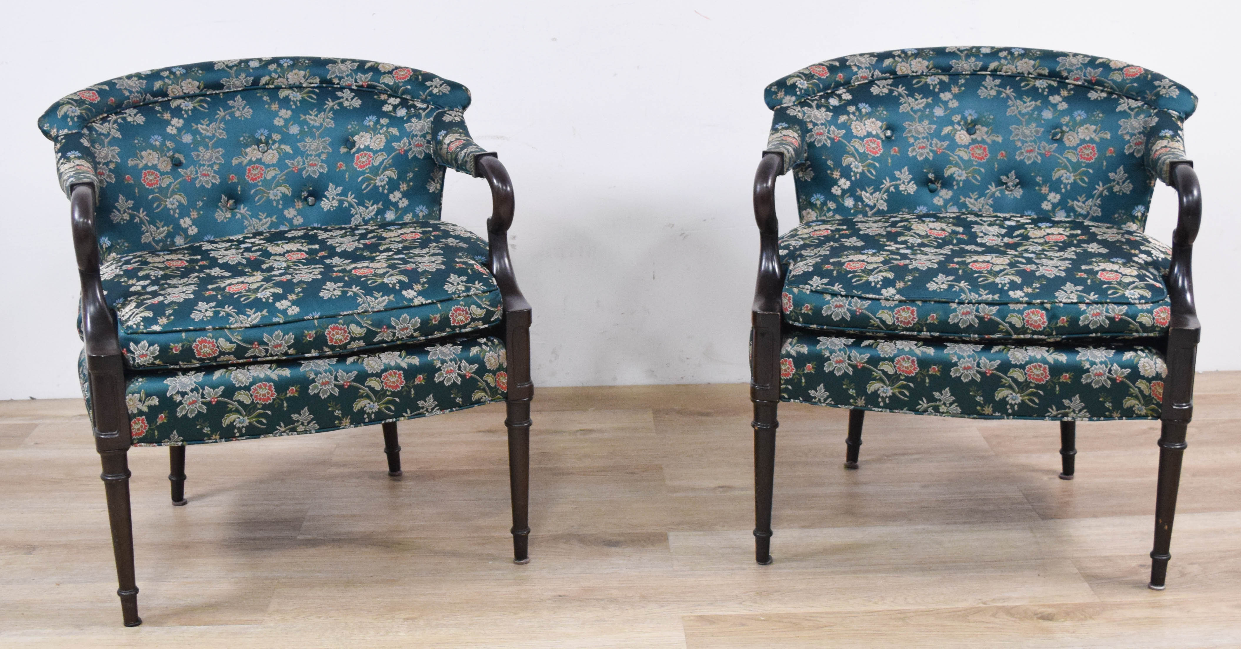 A Pair of Traditional Barrel-Back Open Armchairs with Floral Damask Upholstery