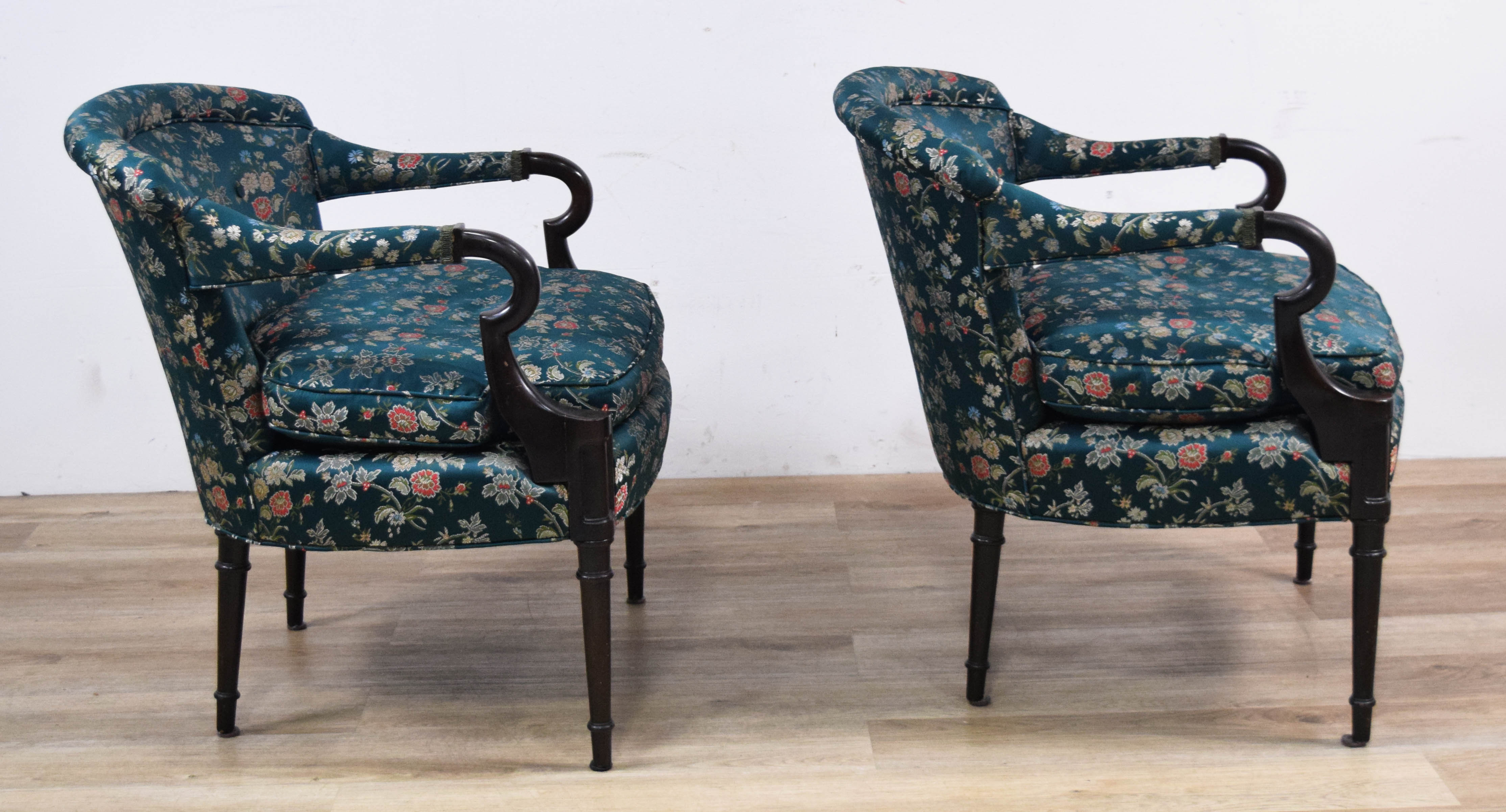 A Pair of Traditional Barrel-Back Open Armchairs with Floral Damask Upholstery
